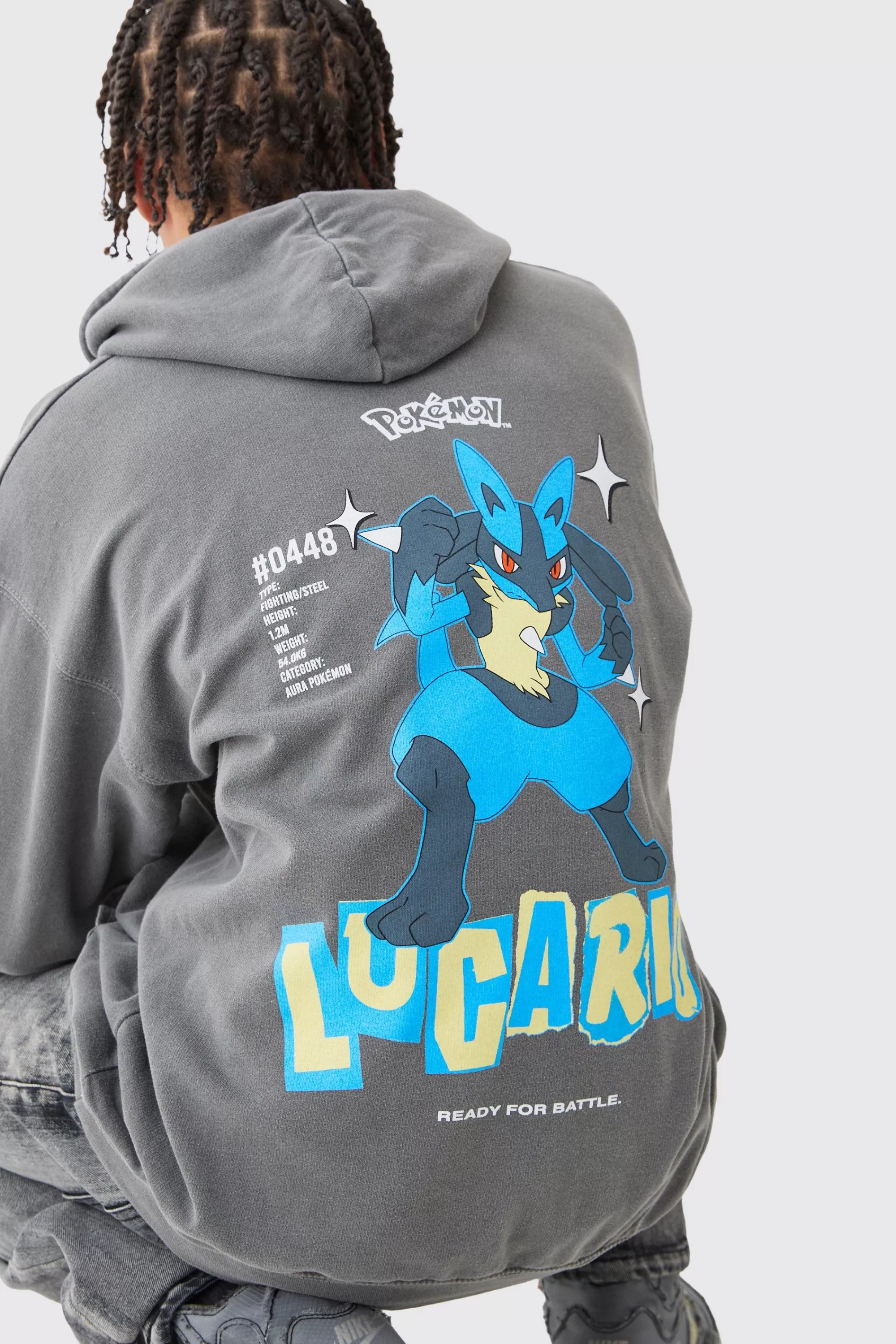 boohooMAN Oversized Overdye Pokemon Lucario License Hoodie | UK