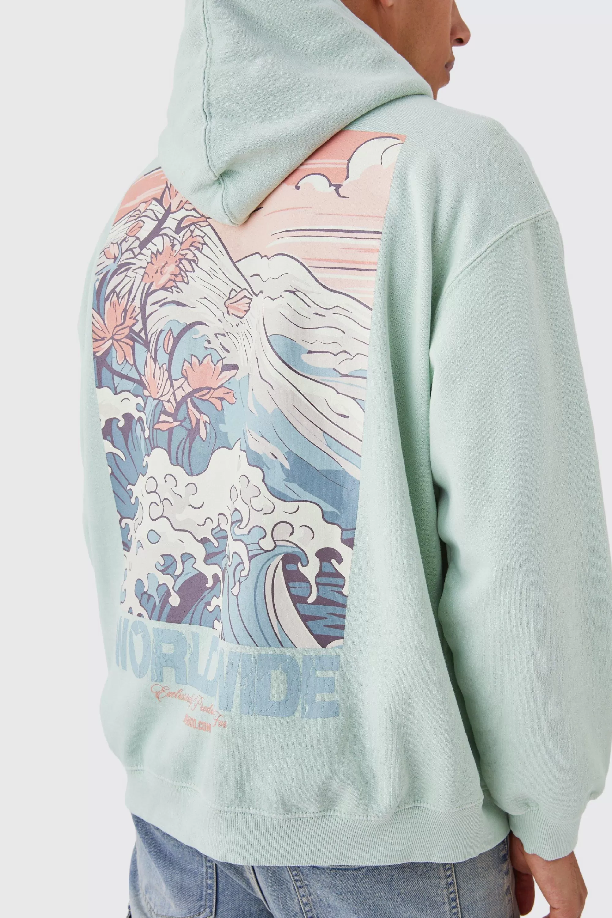 boohooMAN Oversized Overdye Wave Graphic Hoodie | UK