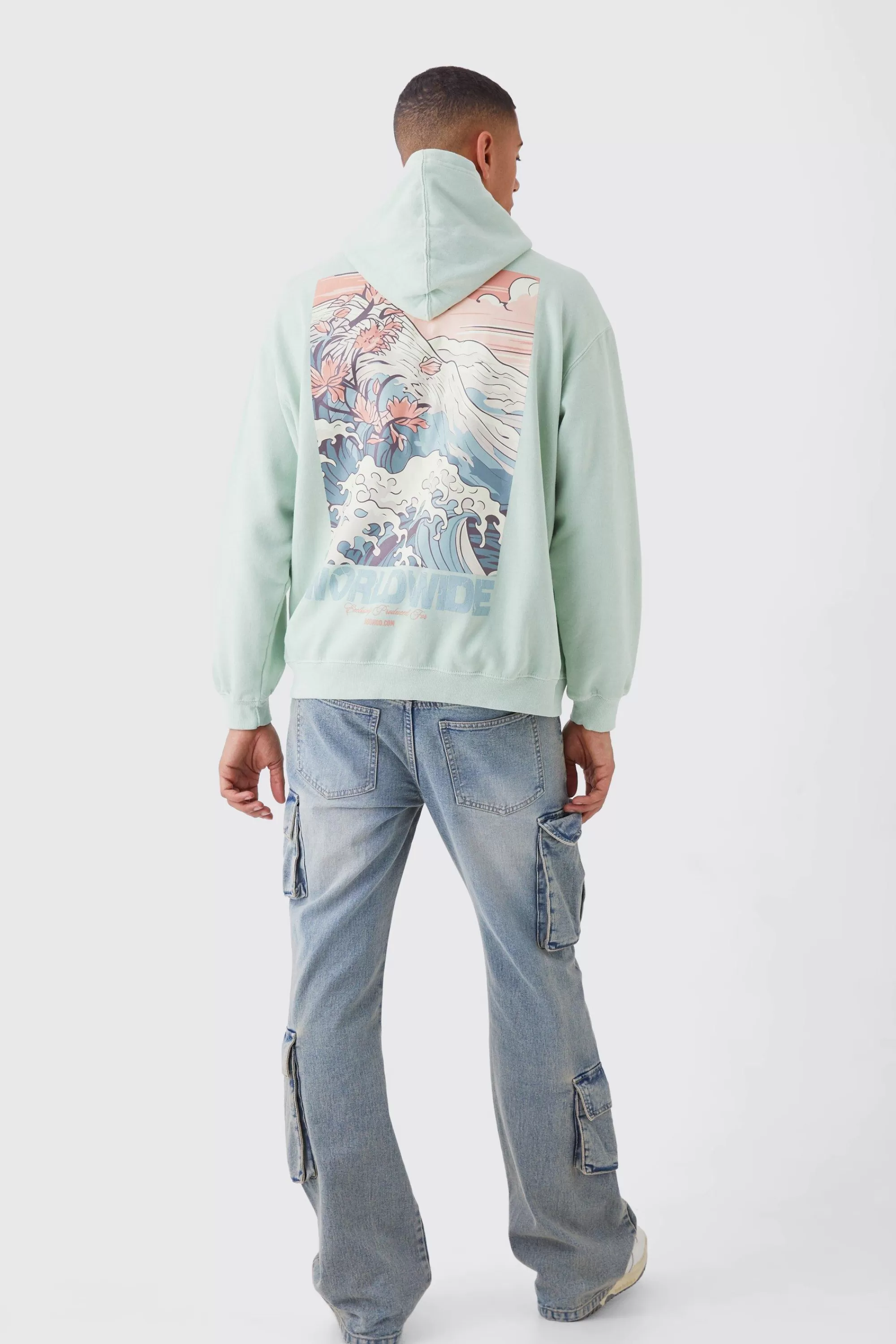 boohooMAN Oversized Overdye Wave Graphic Hoodie | UK