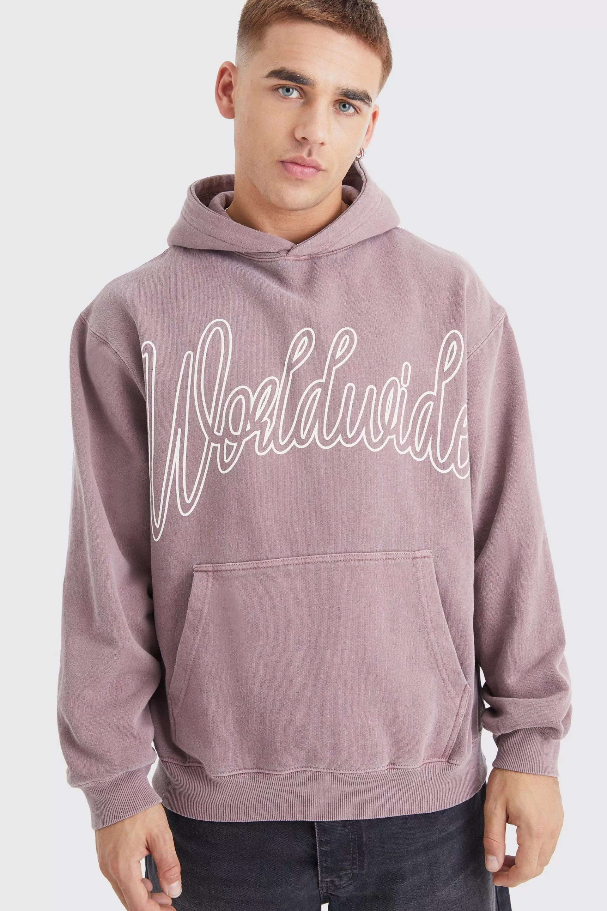 boohooMAN Oversized Overdyed Worldwide Hoodie | UK