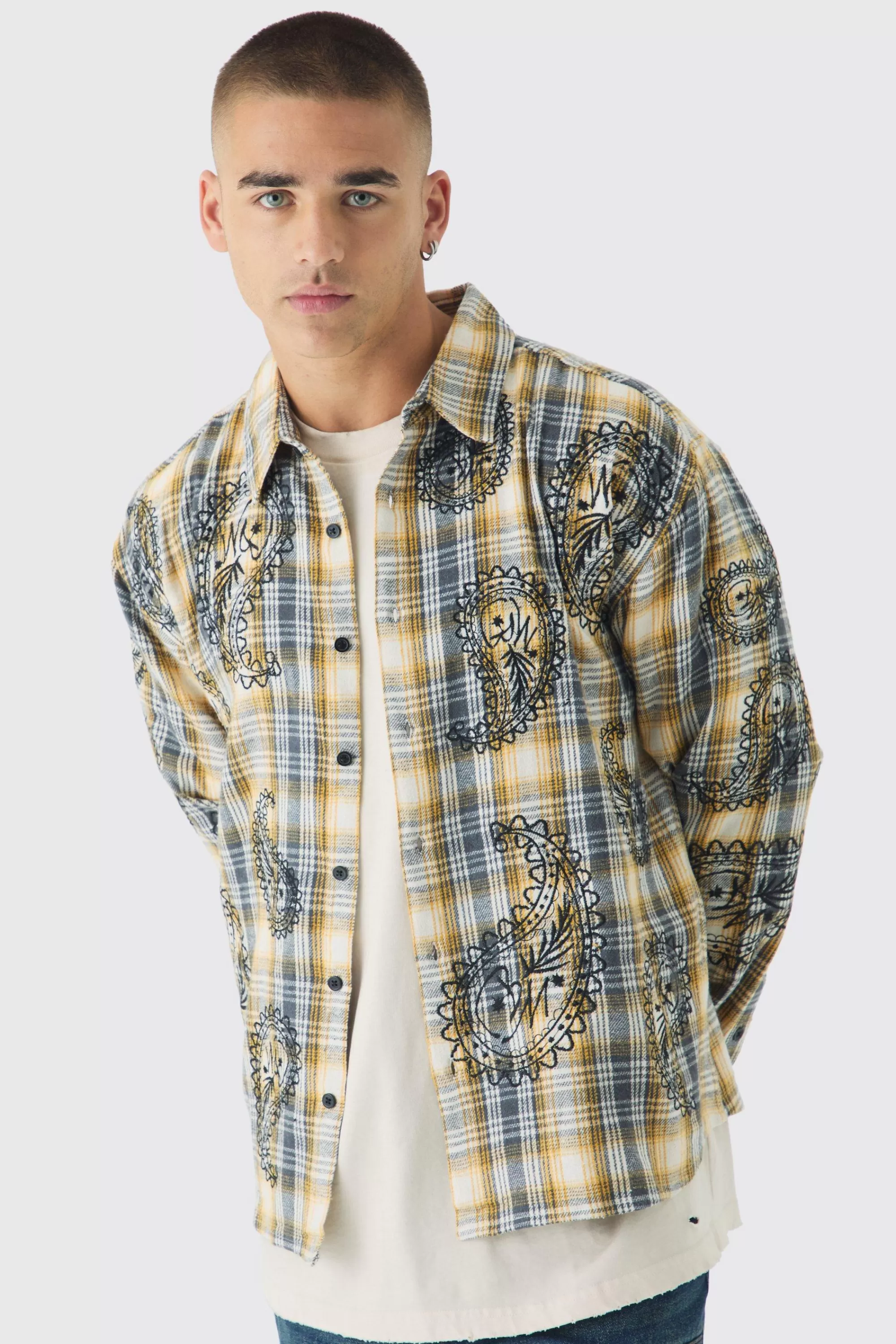 boohooMAN Oversized Paisley Embroidered Check Long Sleeve Shirt | UK
