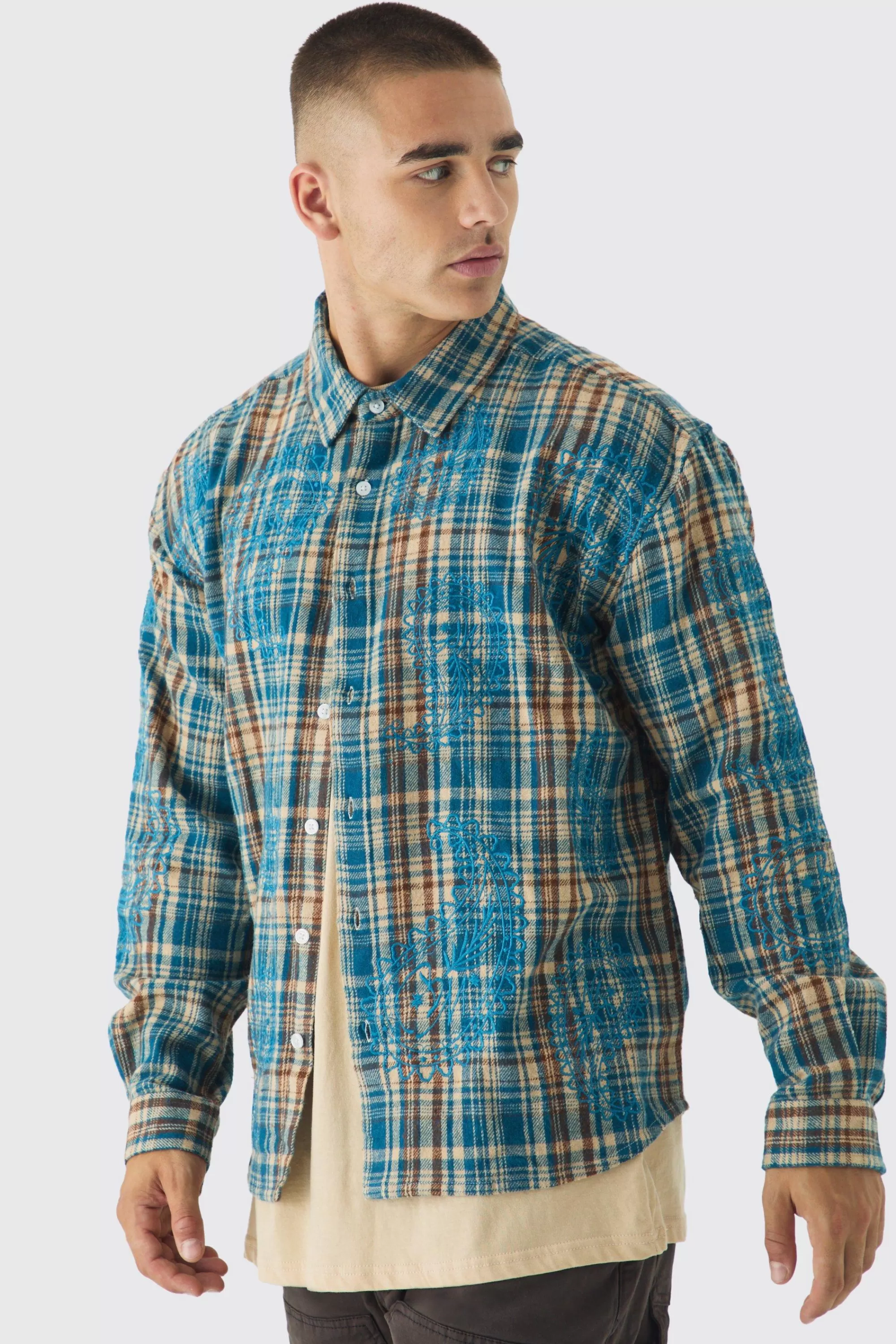 boohooMAN Oversized Paisley Embroidered Check Long Sleeve Shirt | UK