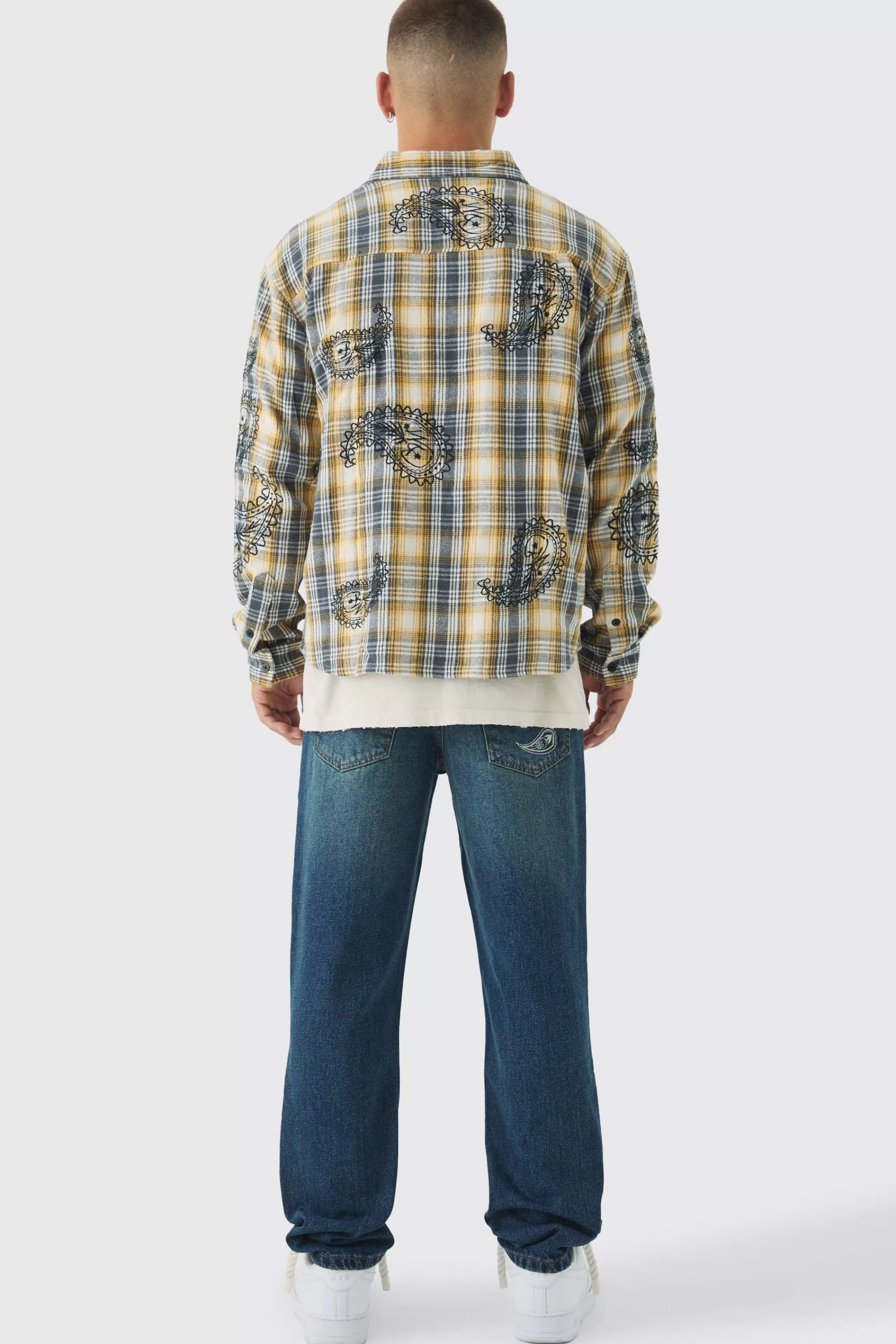 boohooMAN Oversized Paisley Embroidered Check Long Sleeve Shirt | UK
