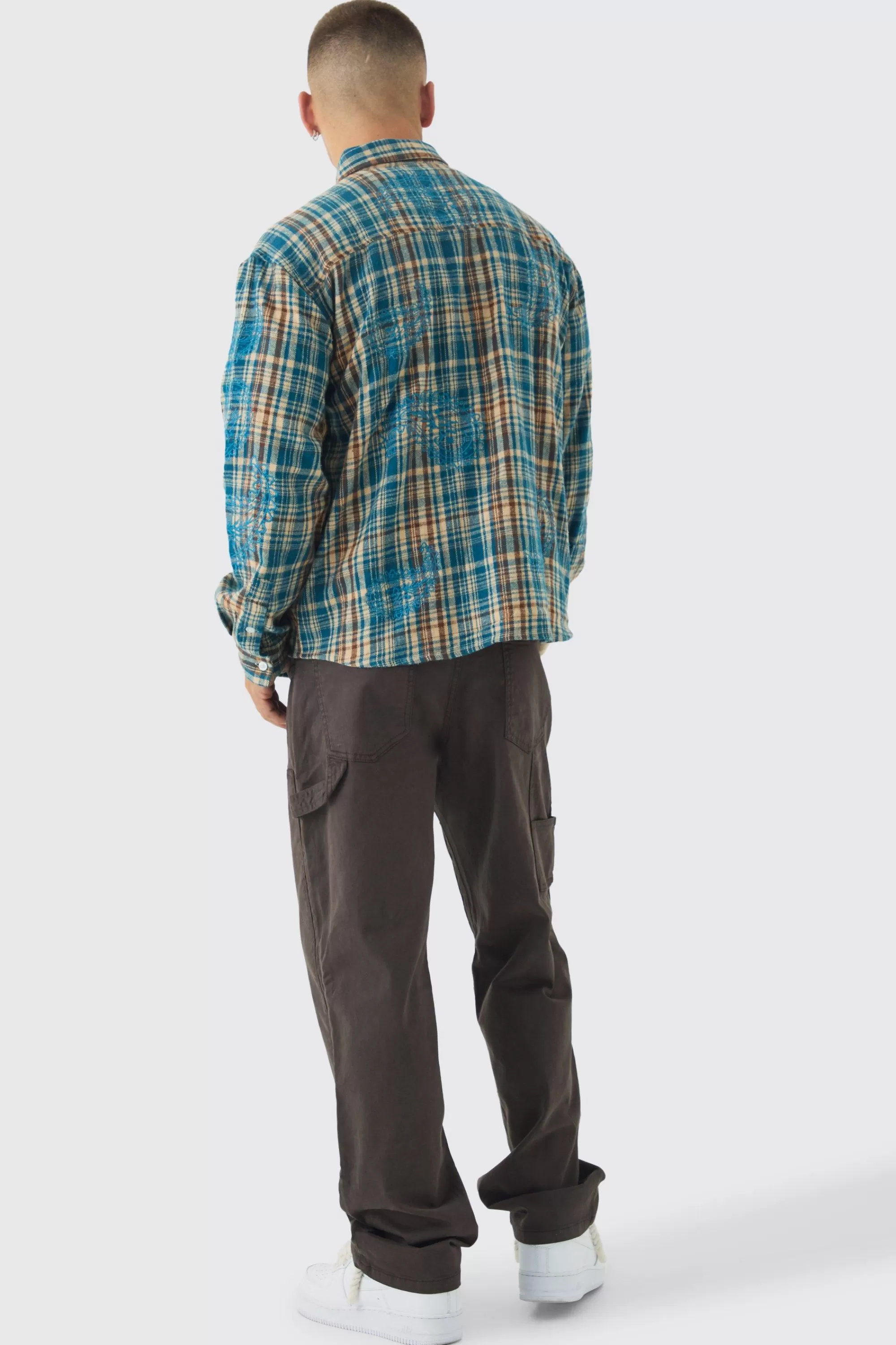 boohooMAN Oversized Paisley Embroidered Check Long Sleeve Shirt | UK