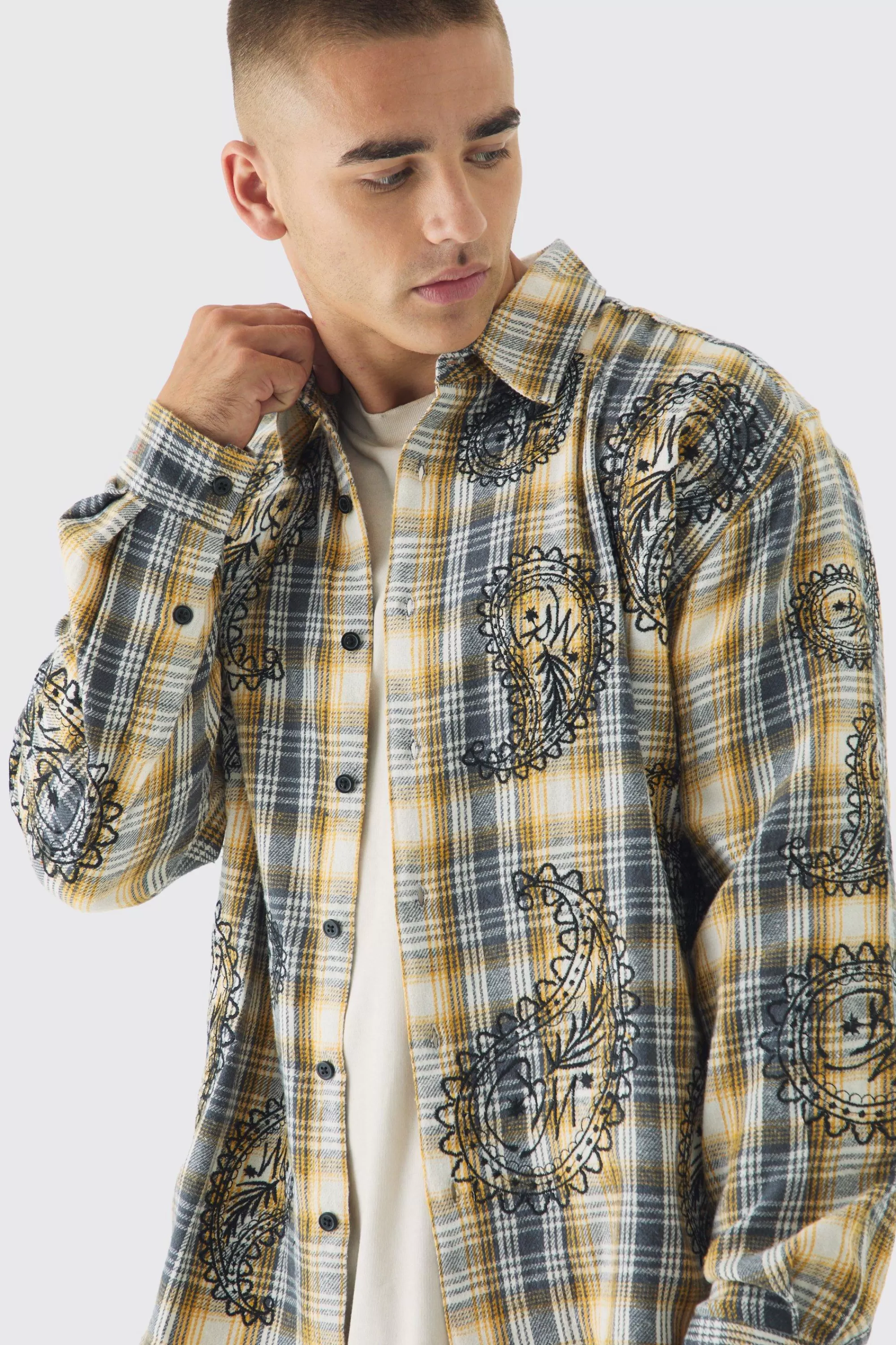 boohooMAN Oversized Paisley Embroidered Check Long Sleeve Shirt | UK