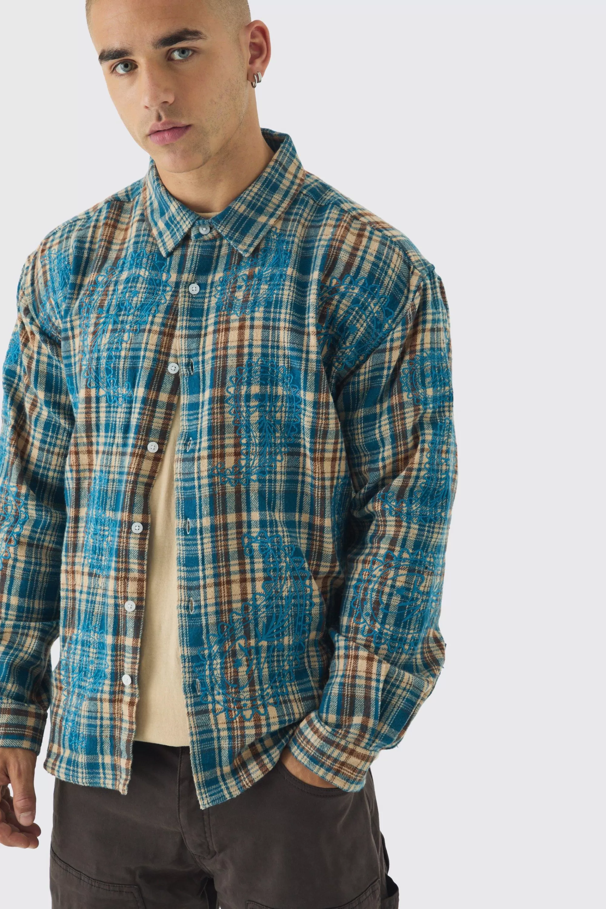 boohooMAN Oversized Paisley Embroidered Check Long Sleeve Shirt | UK