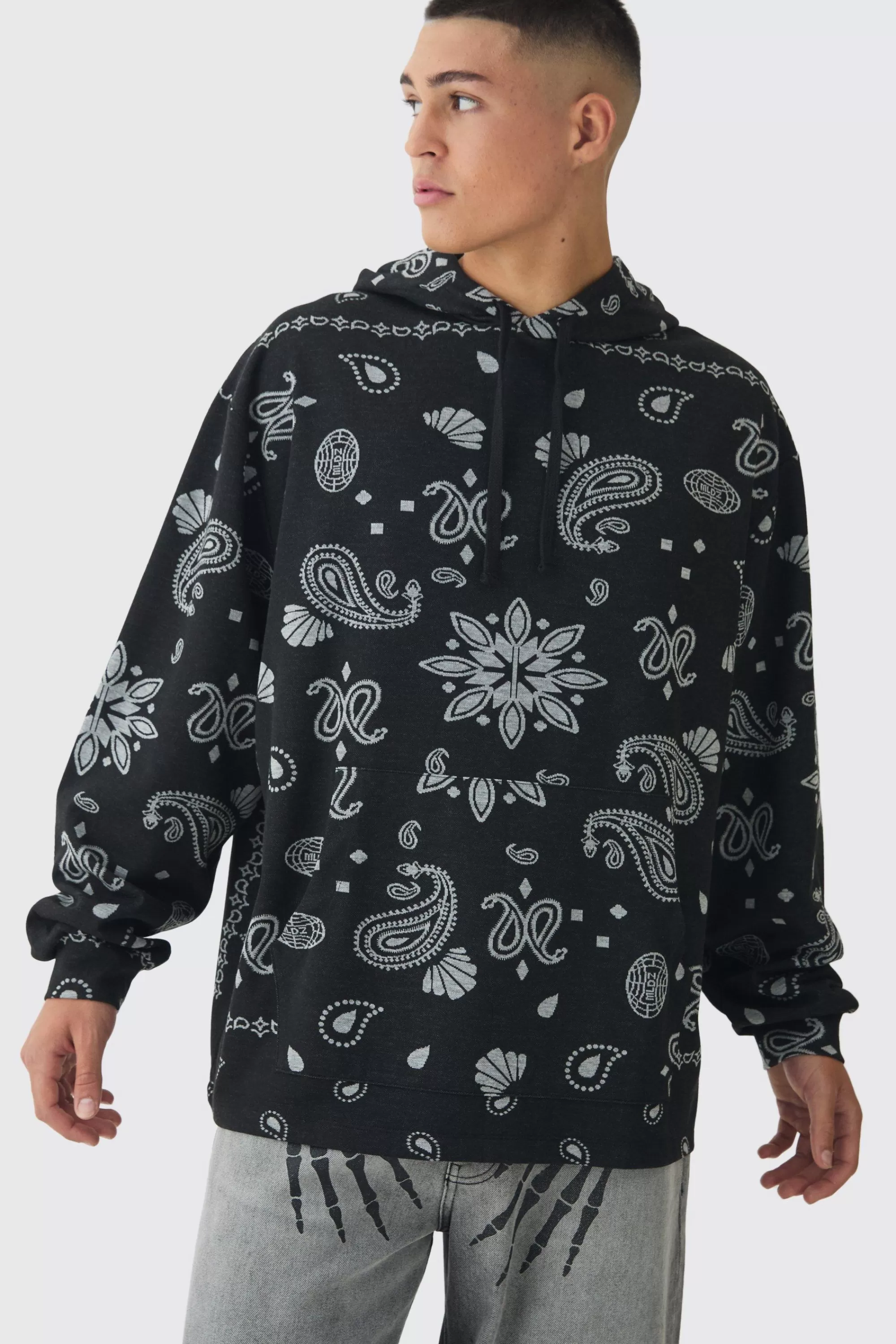 boohooMAN Oversized Paisley Jacquard Hoodie | UK