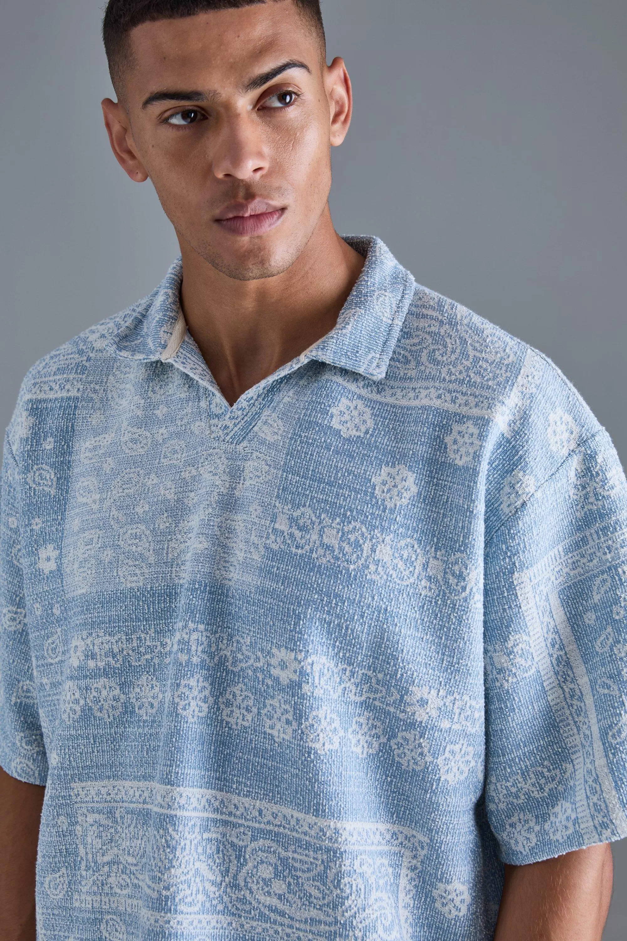 boohooMAN Oversized Paisley Jacquard Rugby Half Sleeve Sweatshirt | UK
