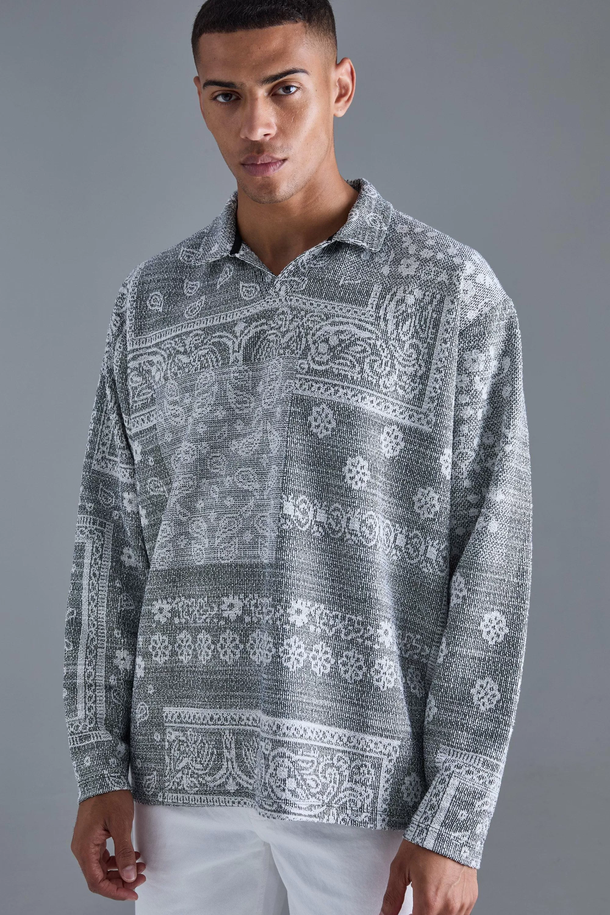 boohooMAN Oversized Paisley Jacquard Rugby Sweatshirt | UK