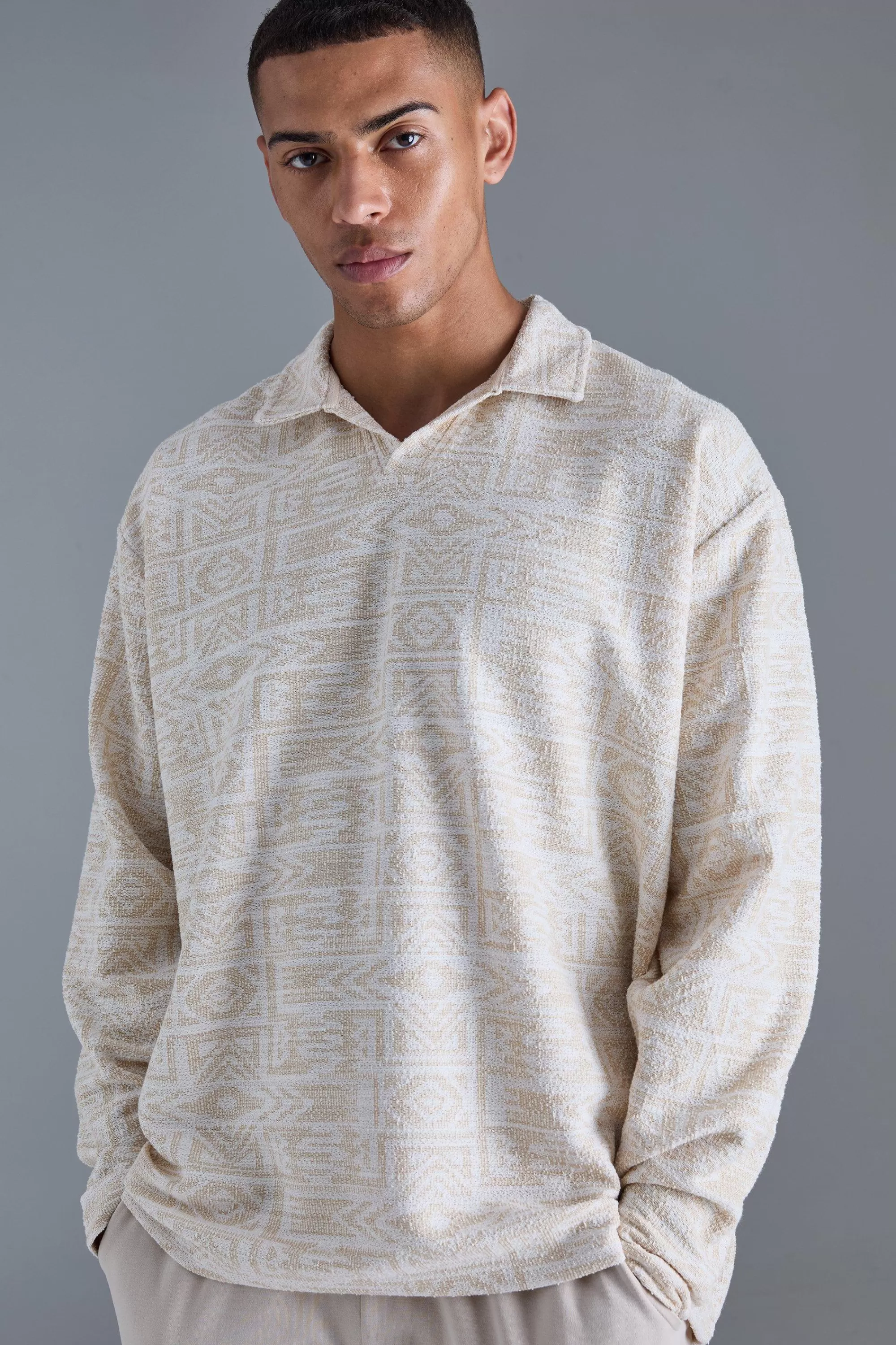 boohooMAN Oversized Paisley Jacquard Rugby Sweatshirt | UK