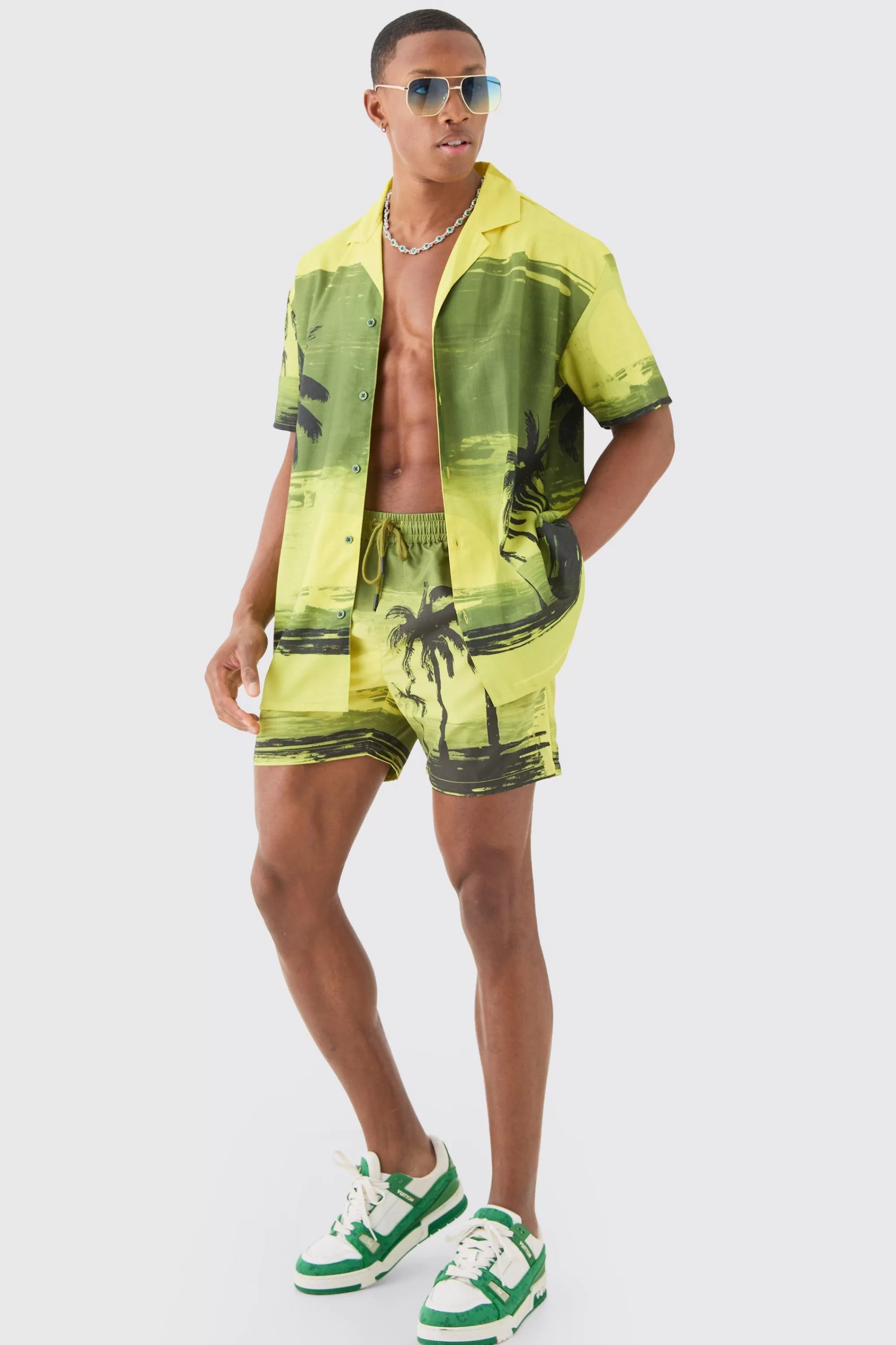 boohooMAN Oversized Palm Shirt & Swim Short Set | UK