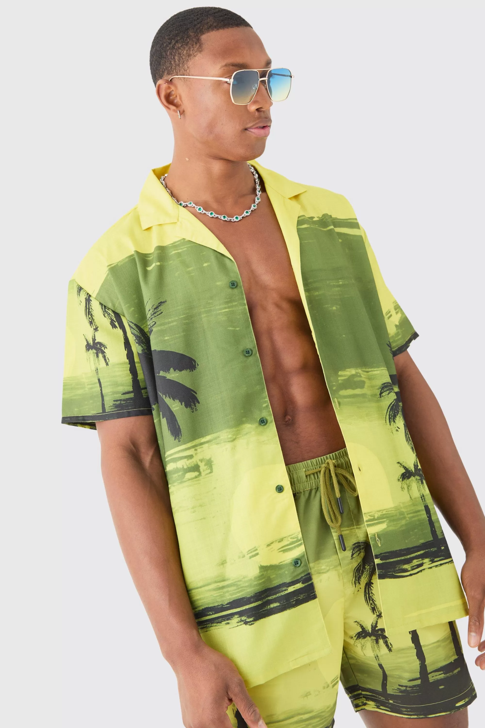 boohooMAN Oversized Palm Shirt & Swim Short Set | UK
