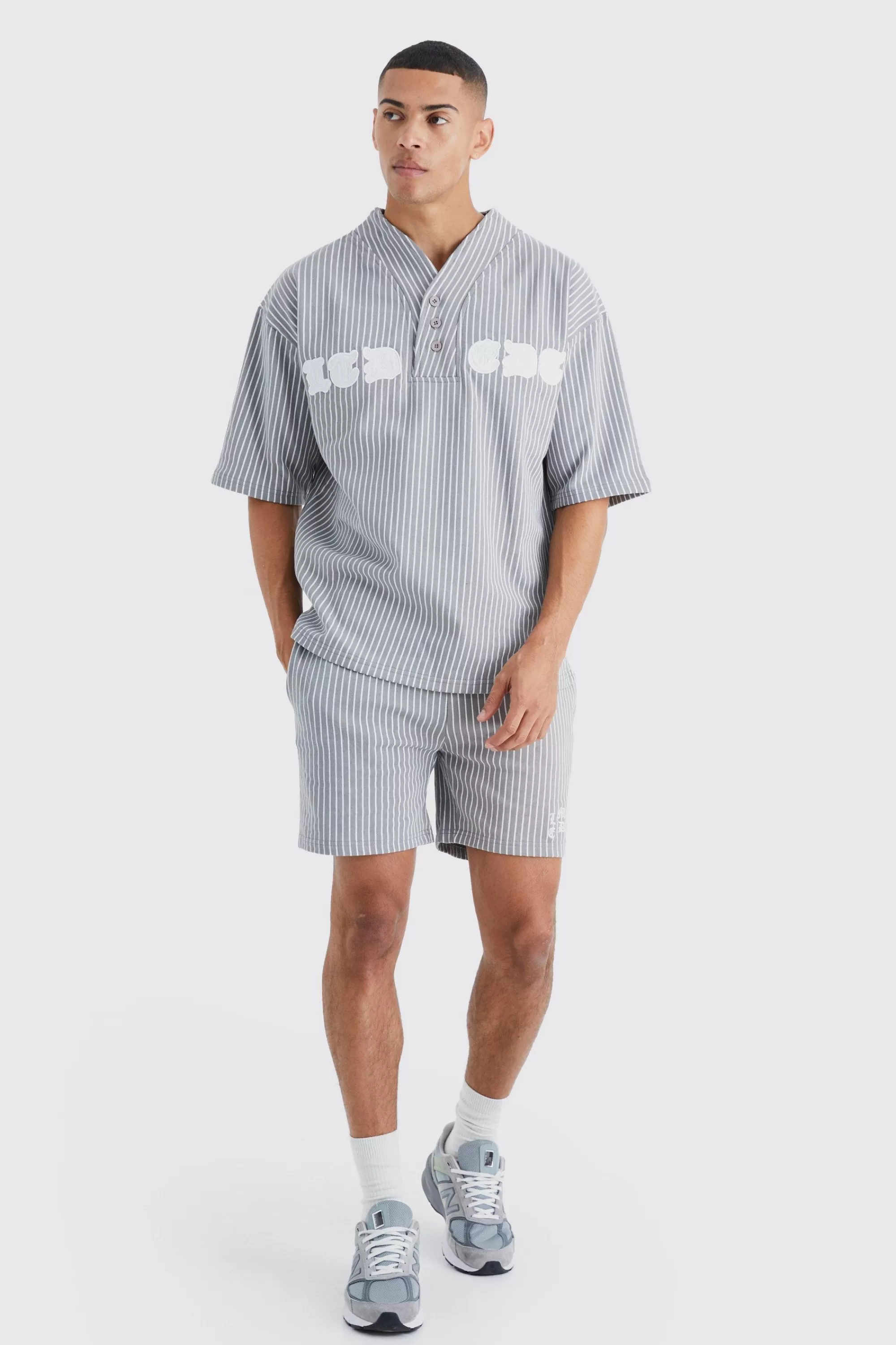 boohooMAN Oversized Pinstripe Baseball Polo & Short Set | UK