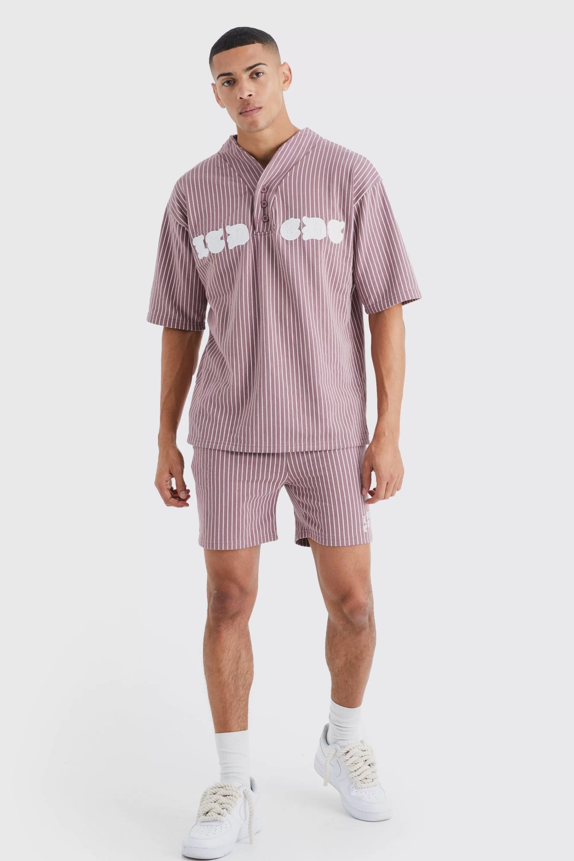 boohooMAN Oversized Pinstripe Baseball Polo & Short Set | UK