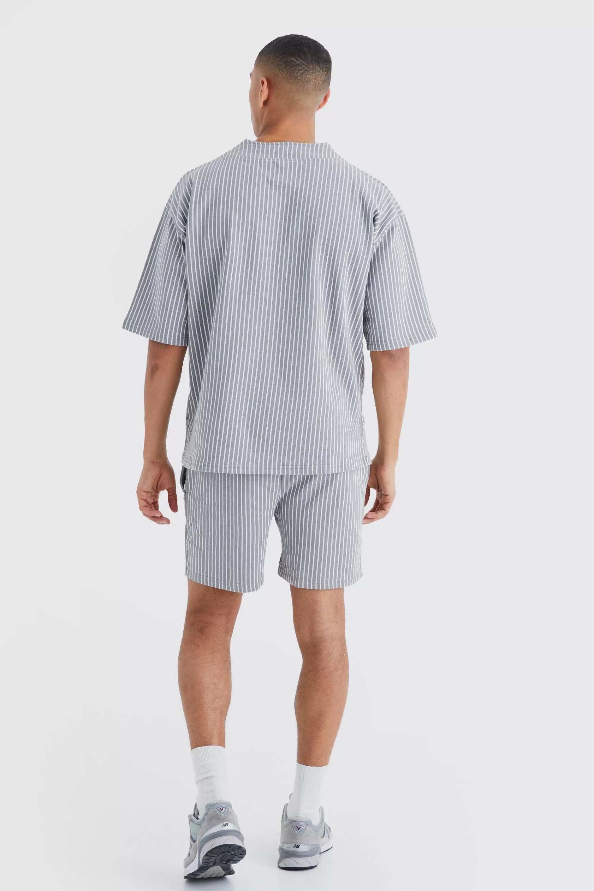 boohooMAN Oversized Pinstripe Baseball Polo & Short Set | UK