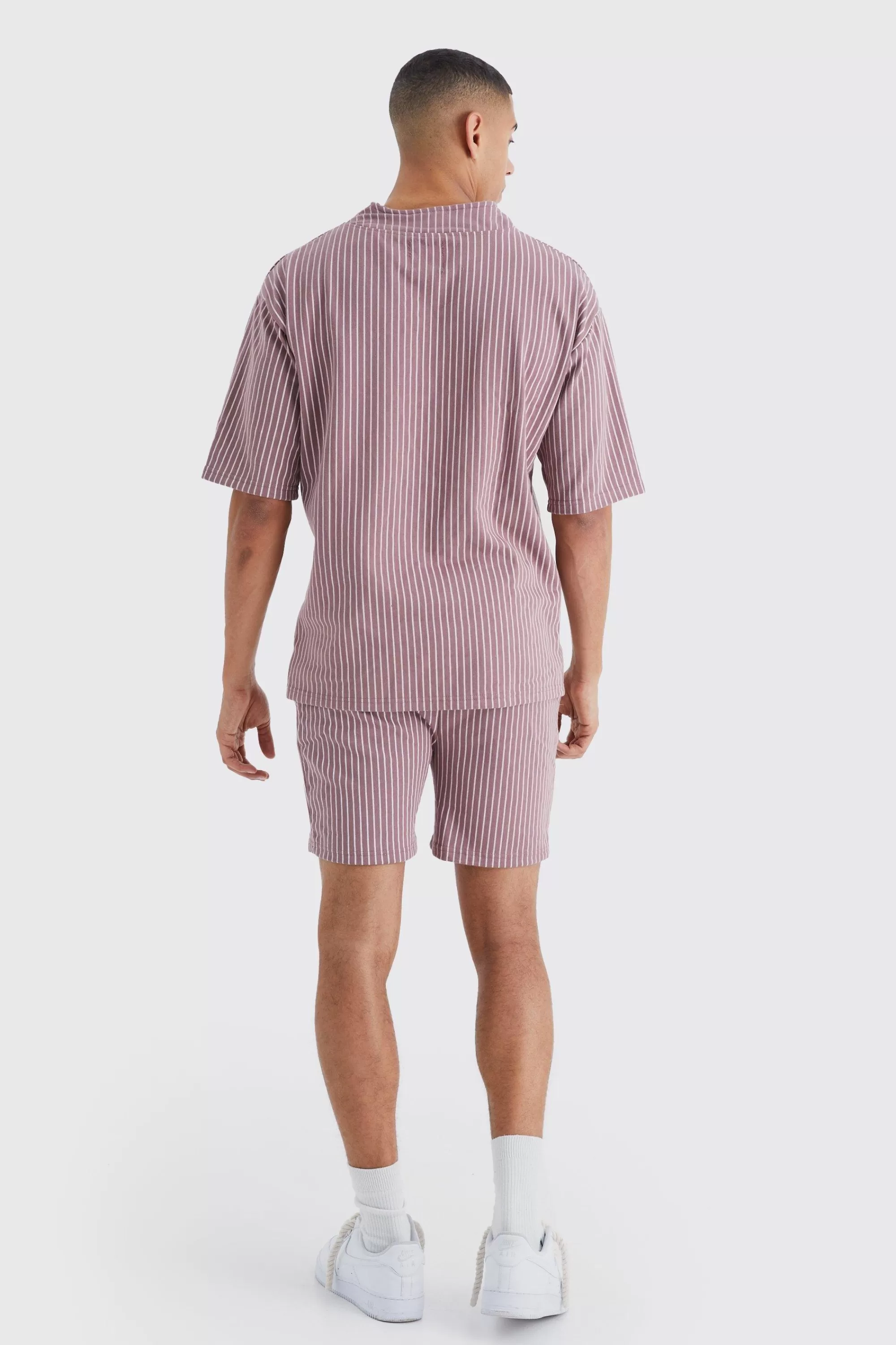 boohooMAN Oversized Pinstripe Baseball Polo & Short Set | UK