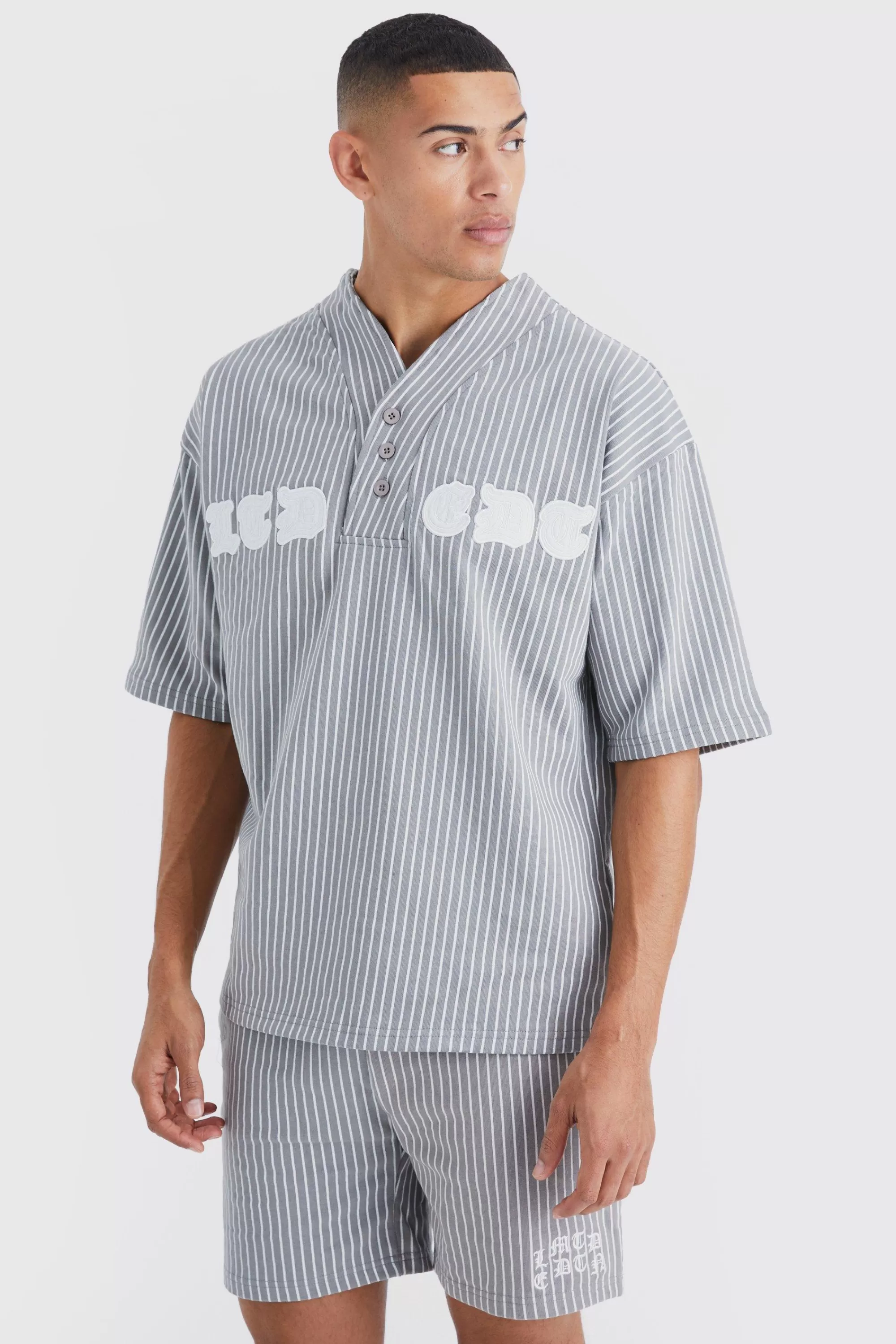 boohooMAN Oversized Pinstripe Baseball Polo & Short Set | UK