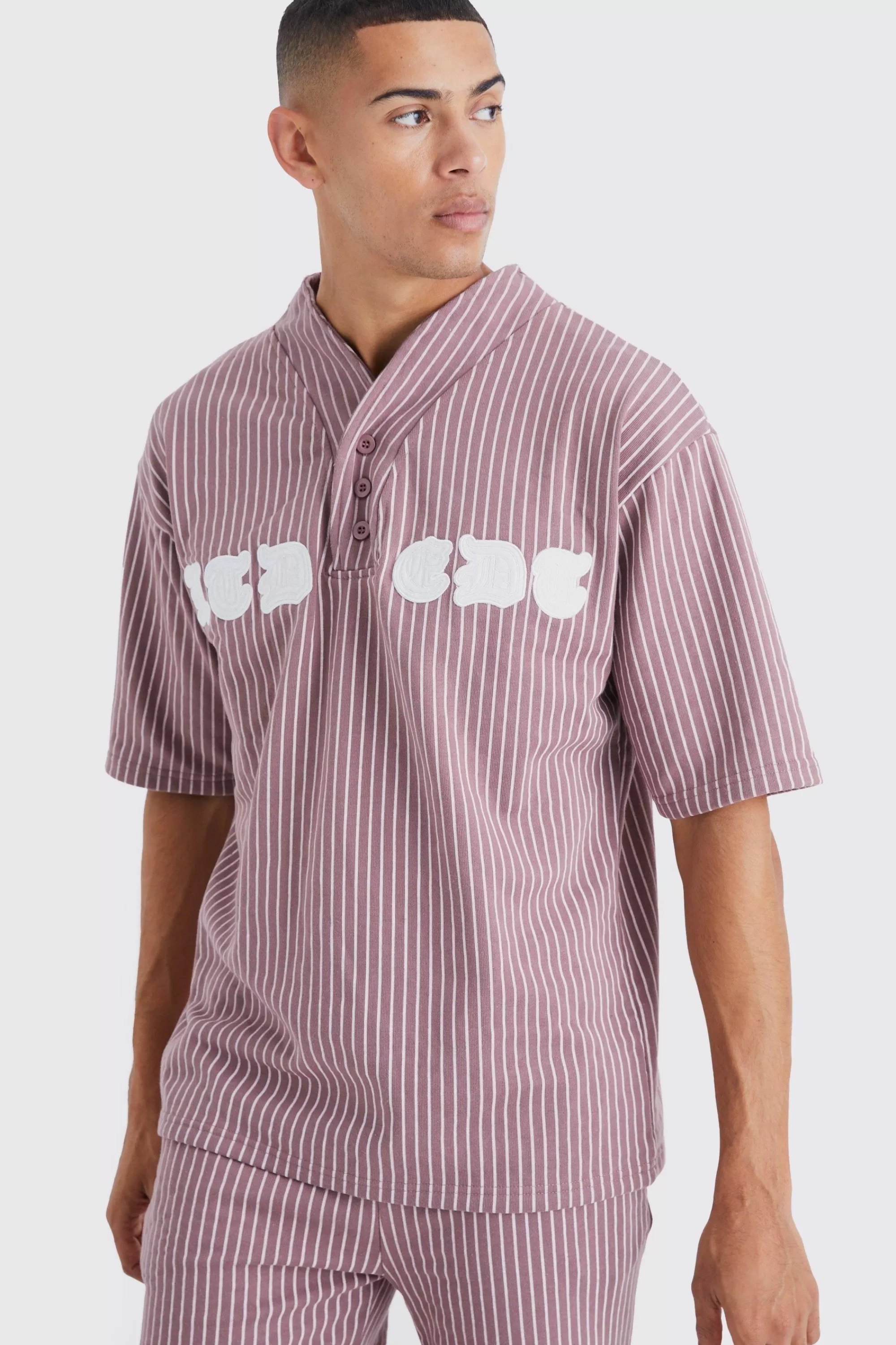 boohooMAN Oversized Pinstripe Baseball Polo & Short Set | UK