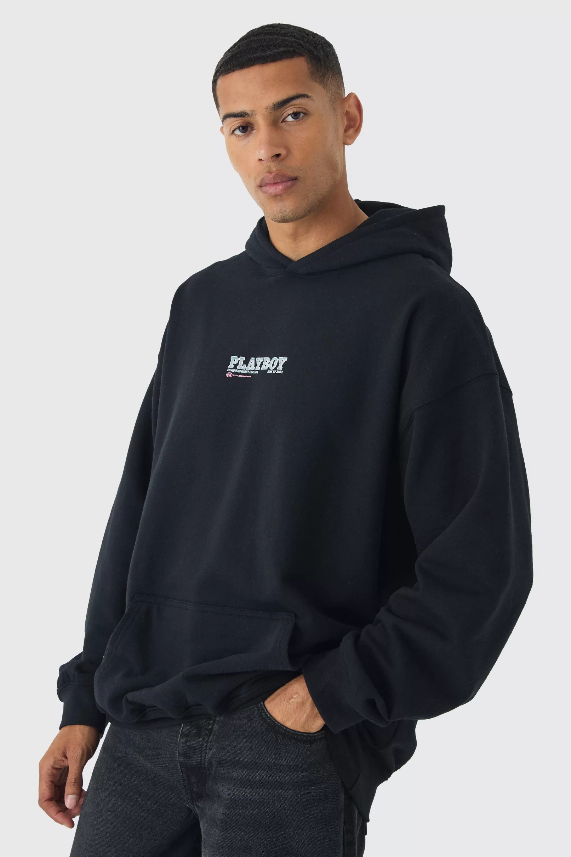 boohooMAN Oversized Playboy Varsity License Print Hoodie | UK