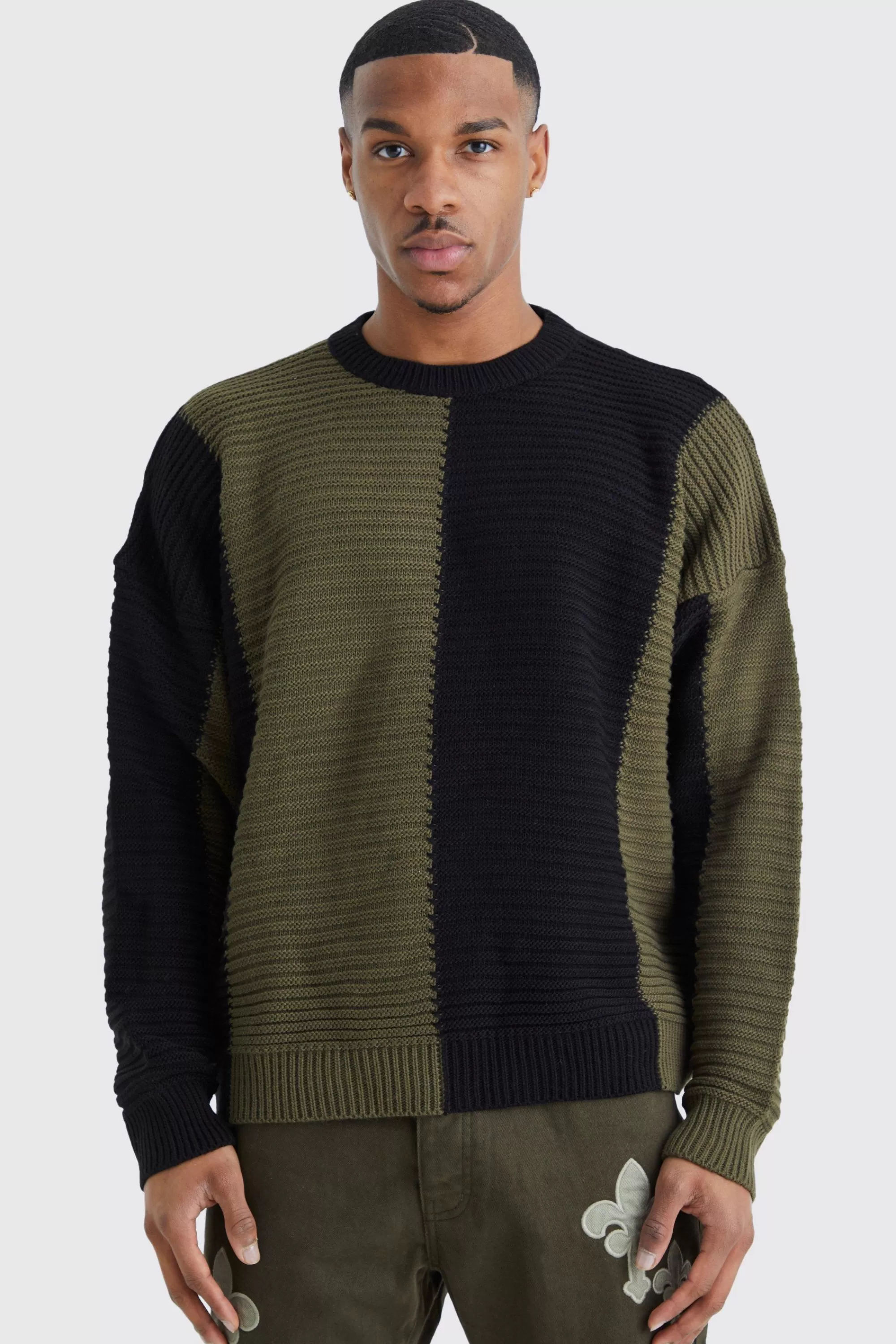 boohooMAN Oversized Pleated Colour Block Jumper | UK
