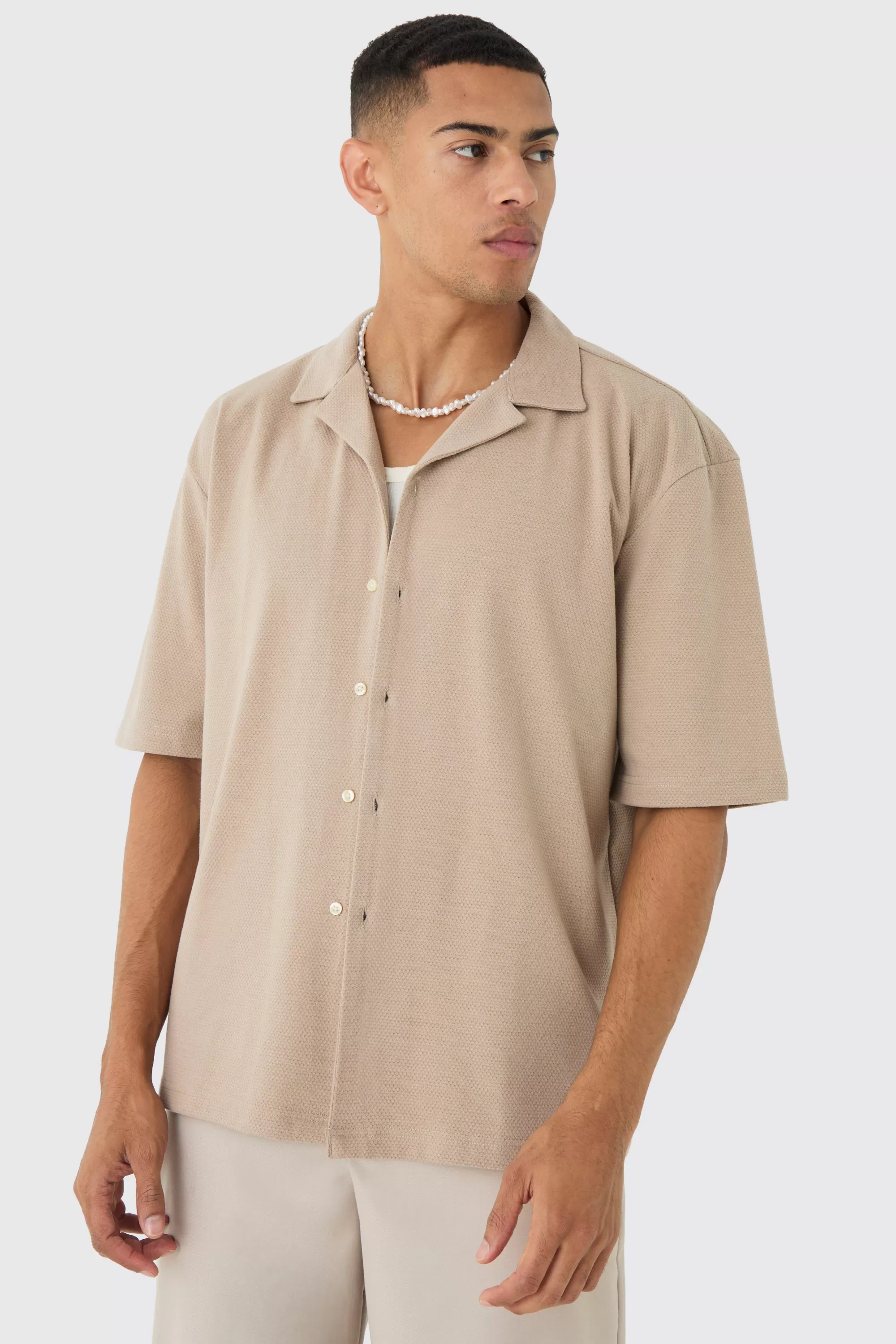 boohooMAN Oversized Popcorn Waffle Textured Revere Shirt | UK