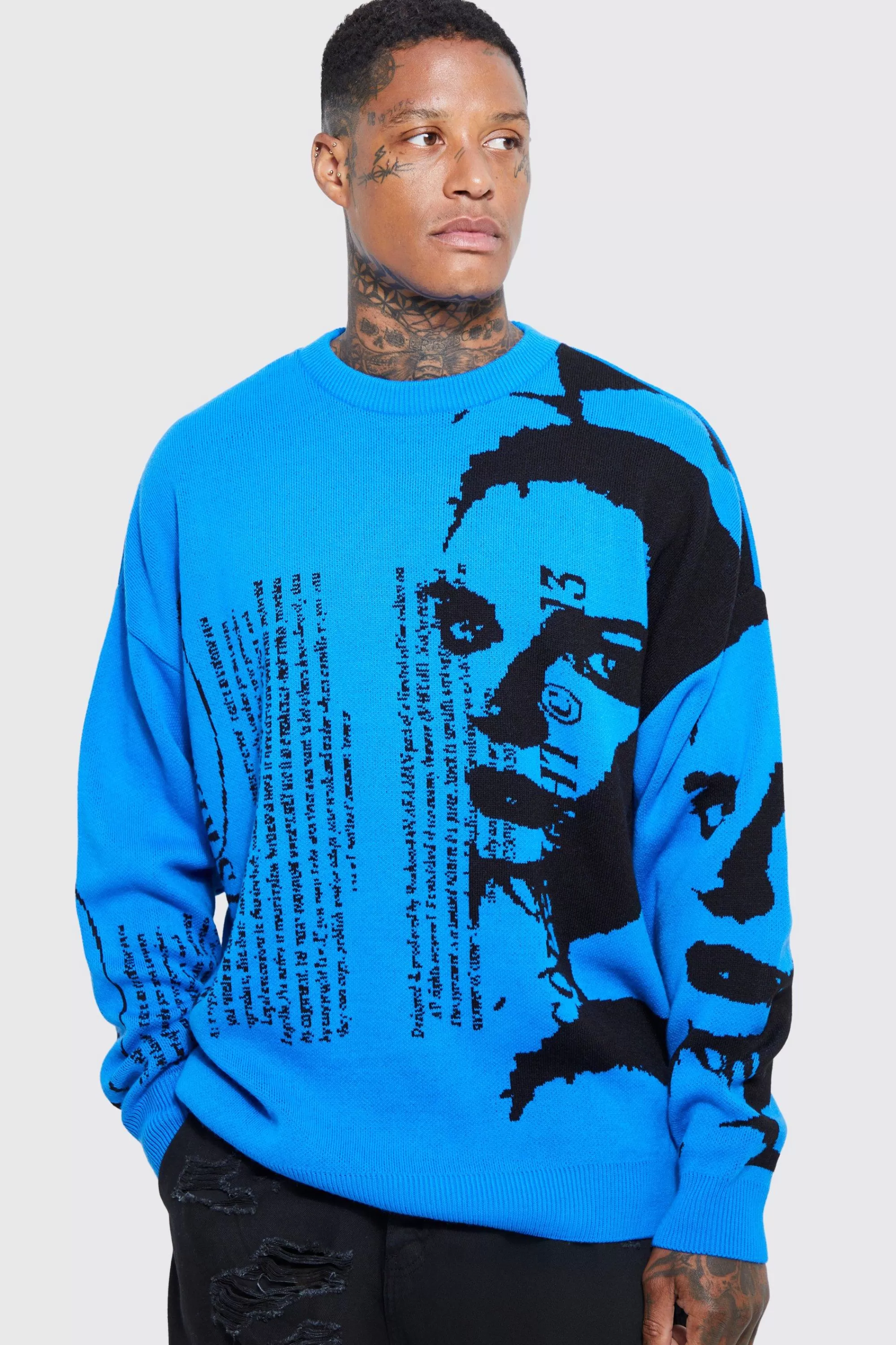 boohooMAN Oversized Portrait Text Knitted Jumper | UK
