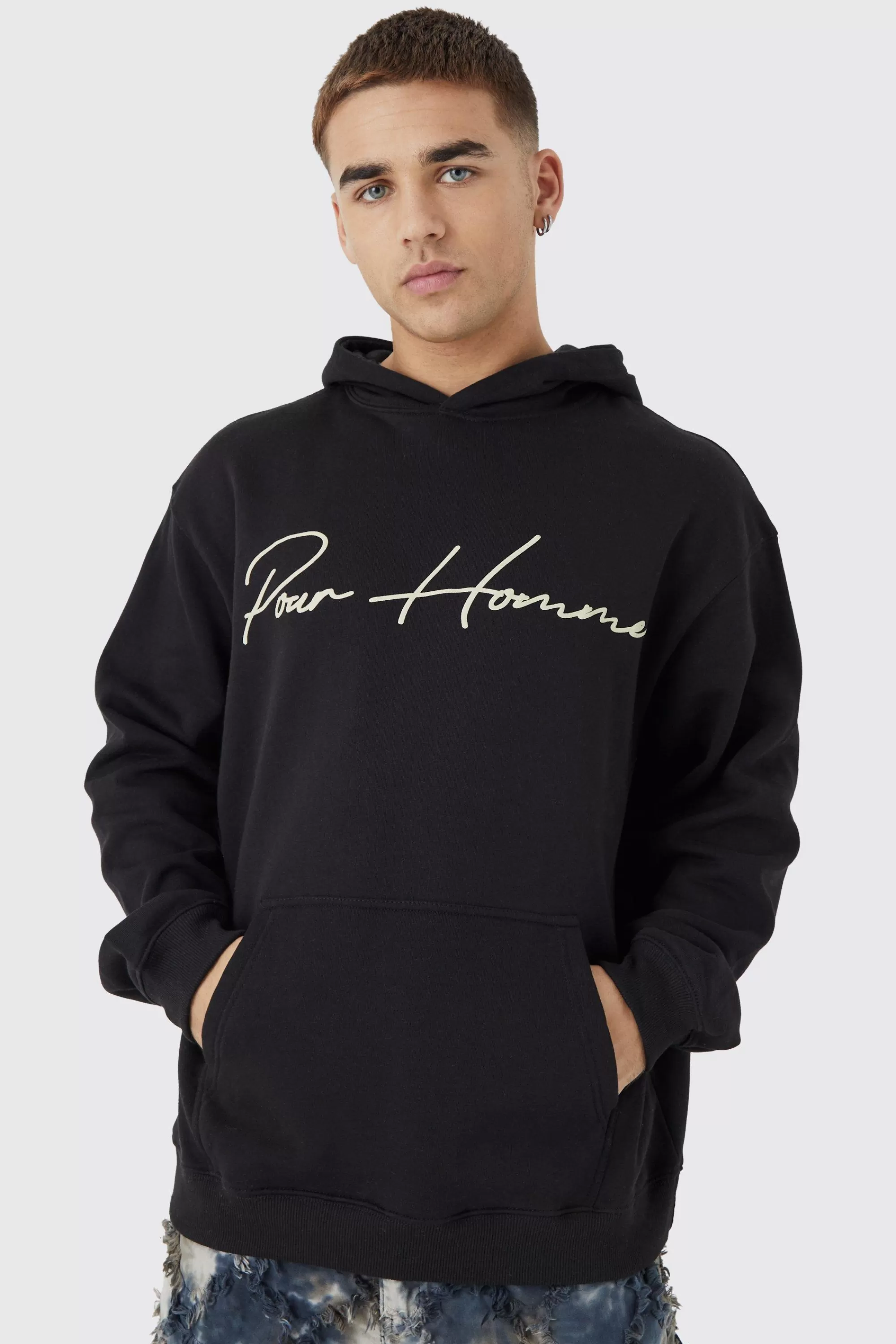 boohooMAN Oversized Pour Homme Puff Print Hoodie | UK