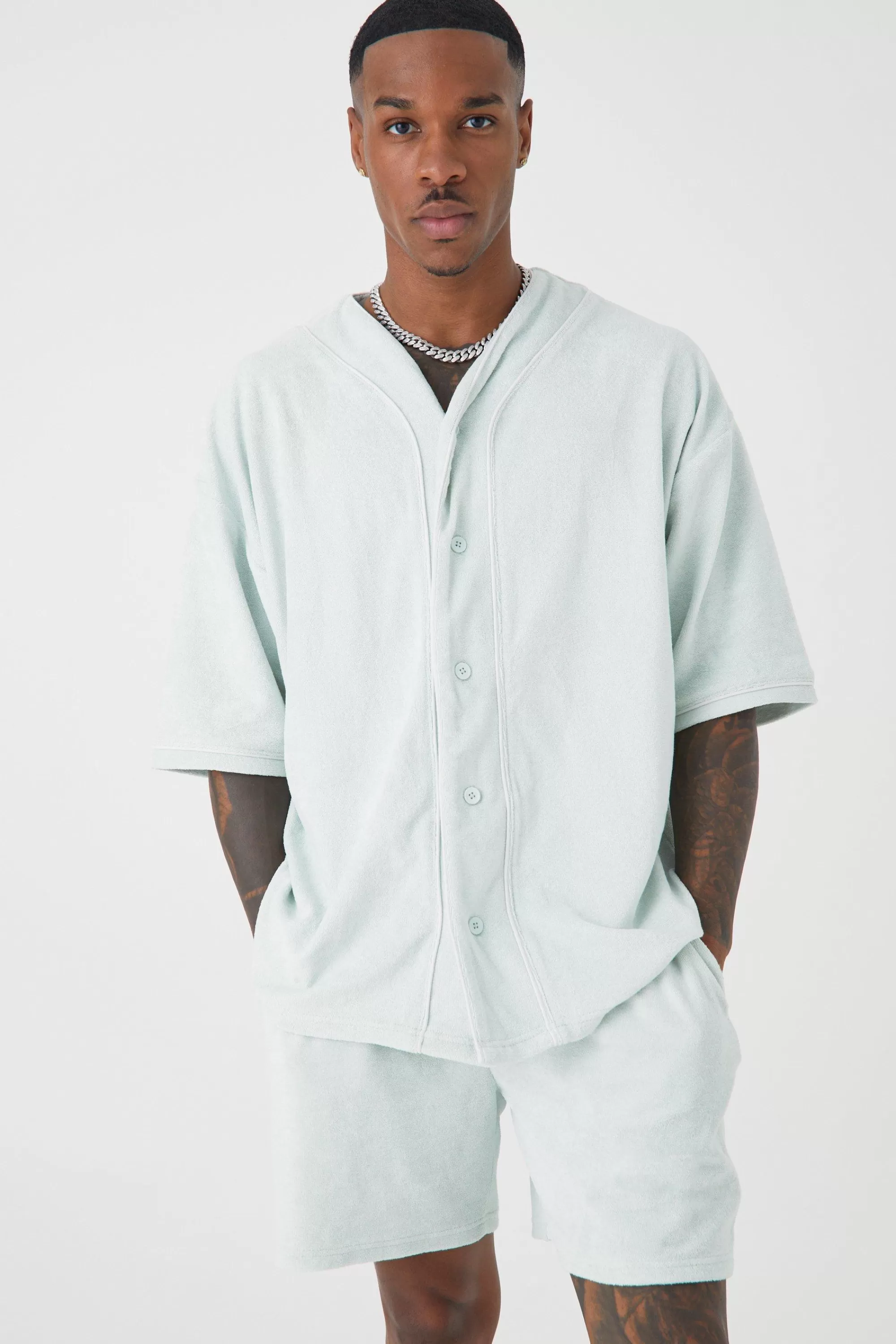 boohooMAN Oversized Premium Towelling Baseball Short Set | UK