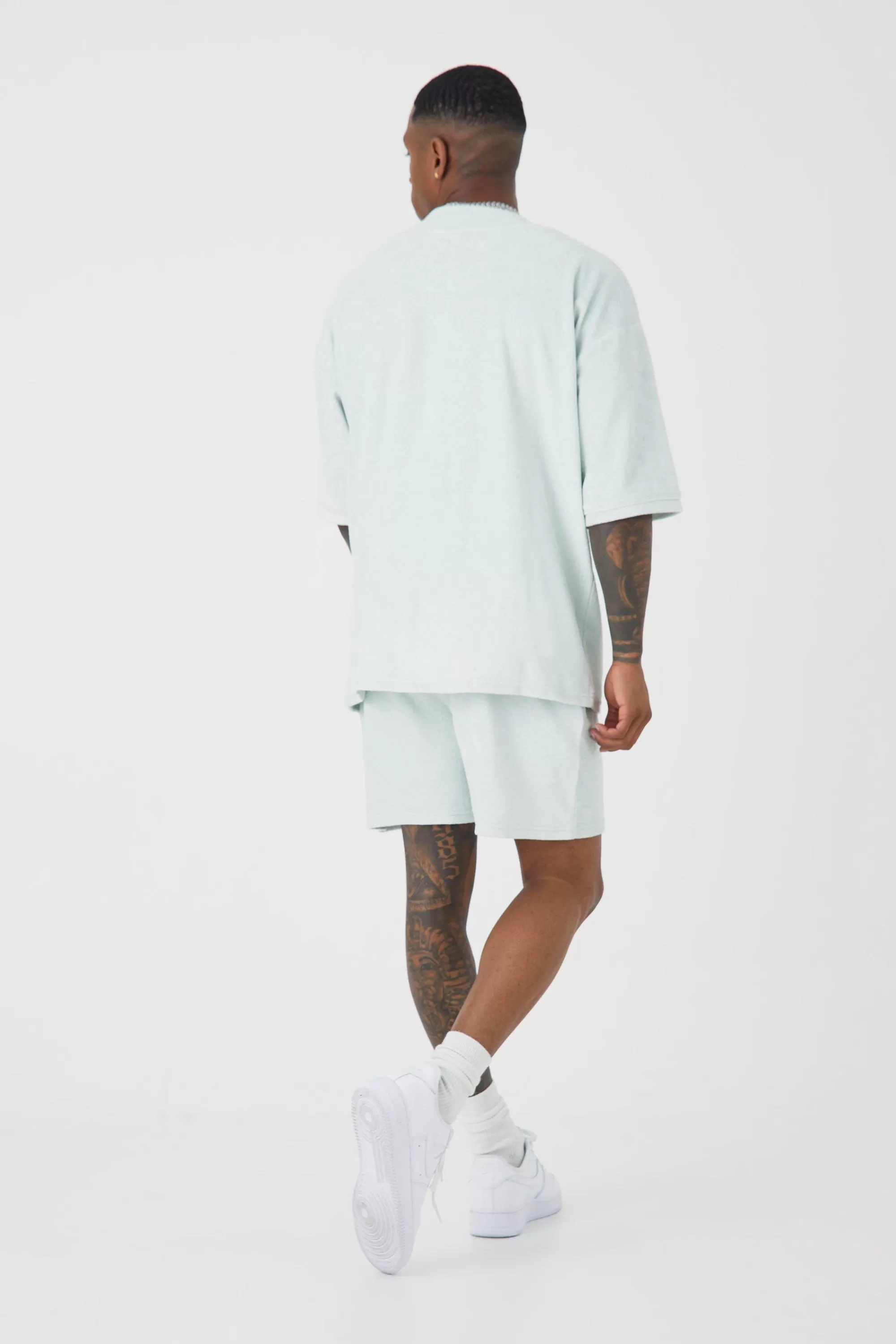 boohooMAN Oversized Premium Towelling Baseball Short Set | UK