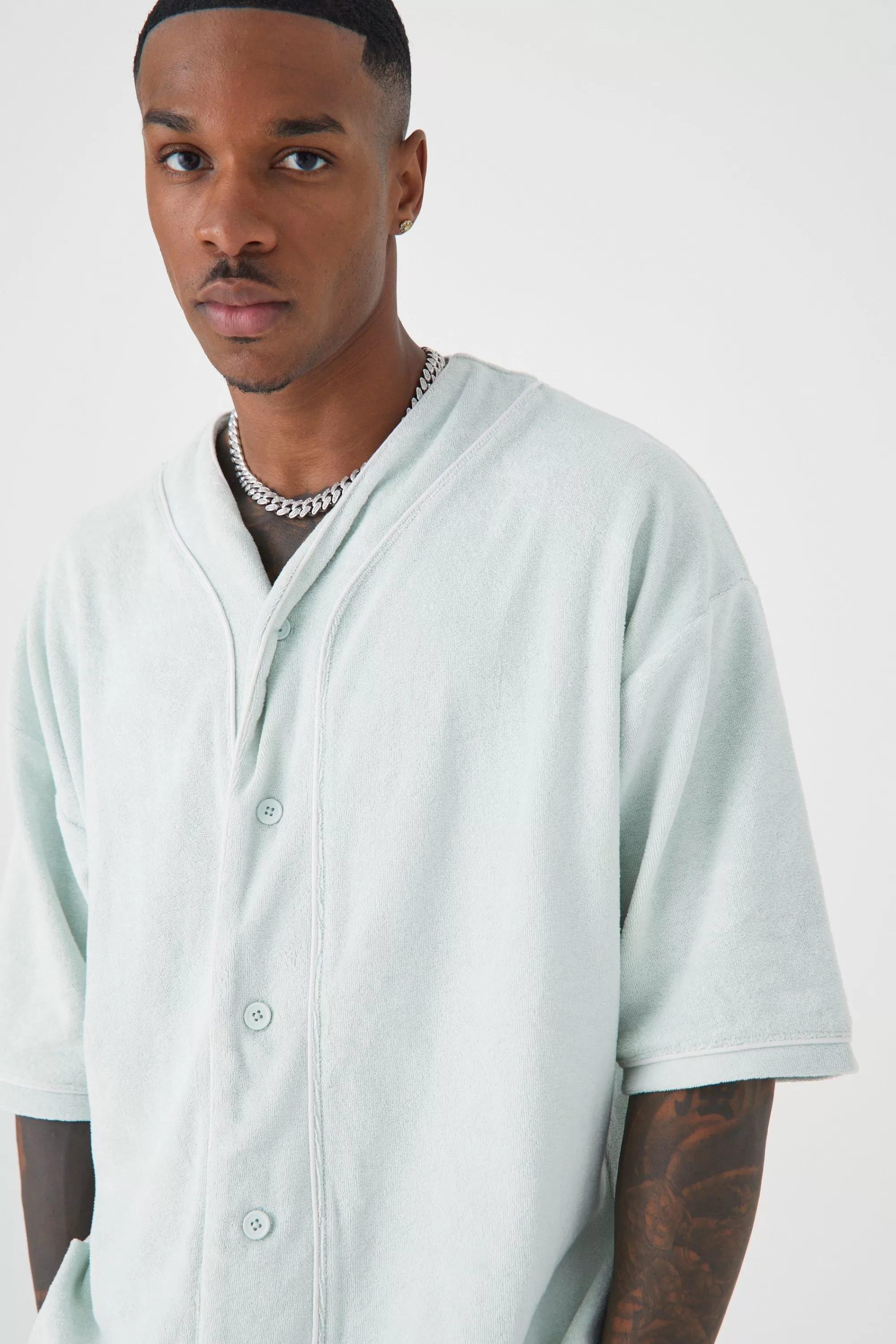 boohooMAN Oversized Premium Towelling Baseball Short Set | UK