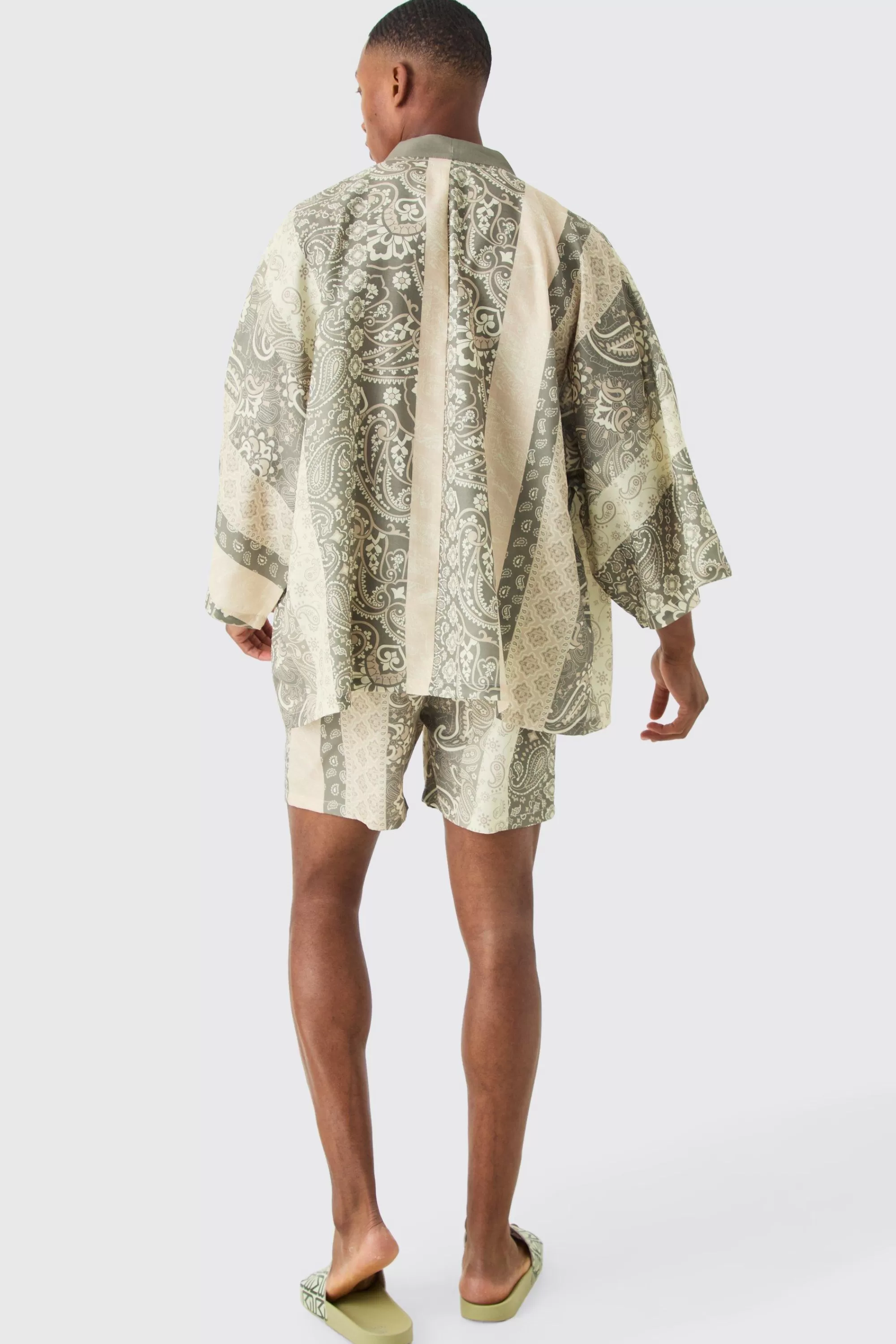 boohooMAN Oversized Printed Kimono Shirt And Swim Short Set | UK