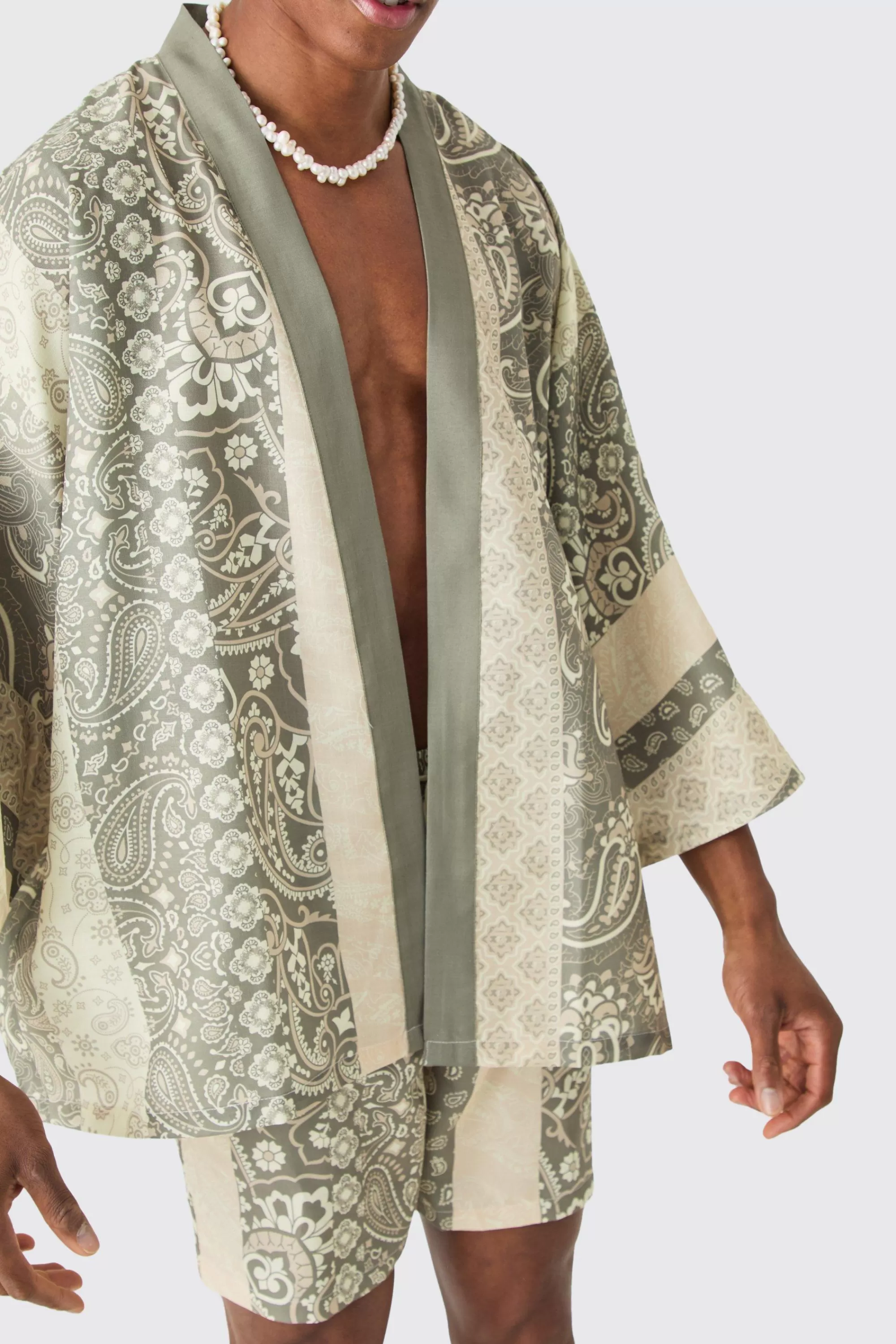 boohooMAN Oversized Printed Kimono Shirt And Swim Short Set | UK