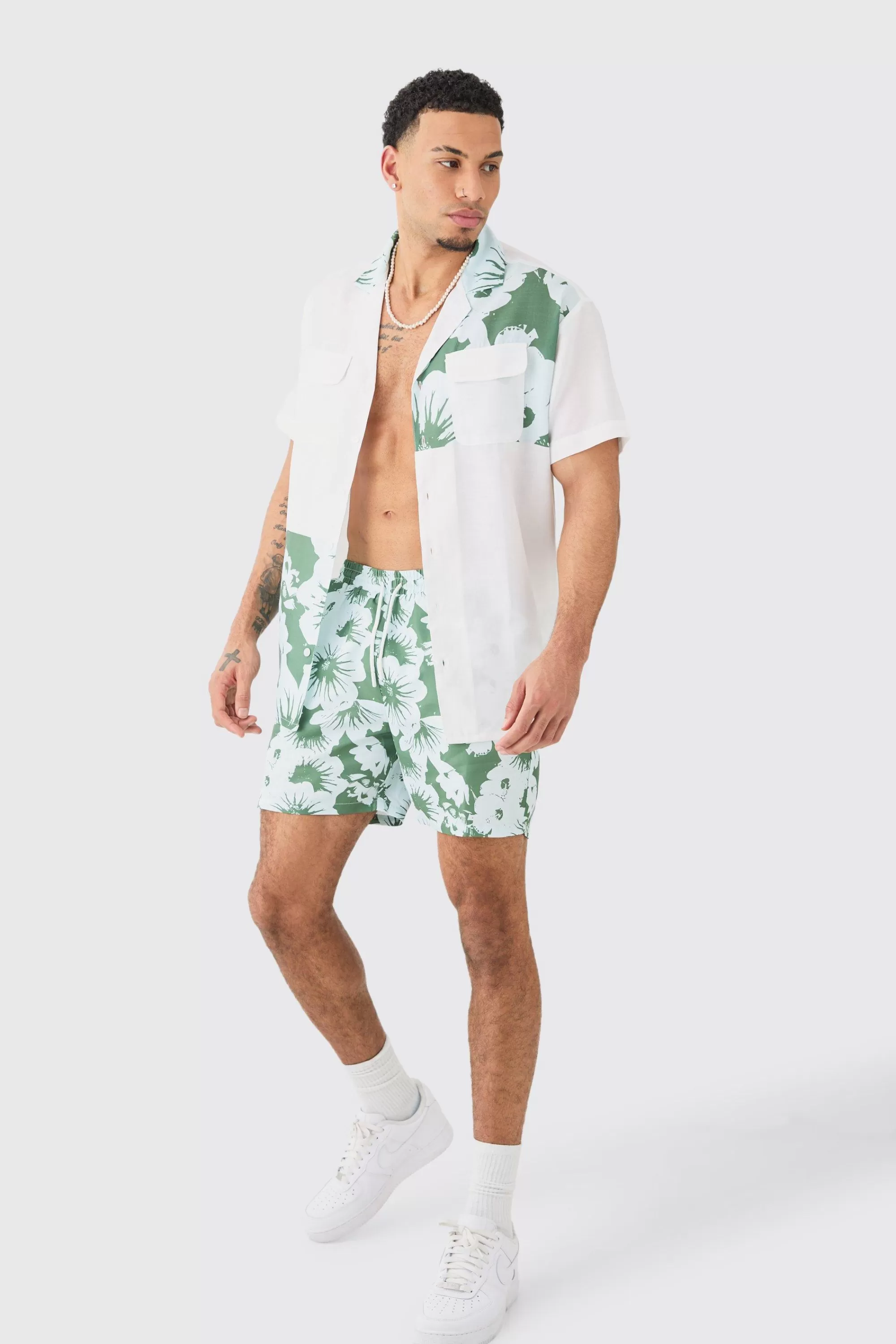 boohooMAN Oversized Printed Shirt And Swim Short Set | UK