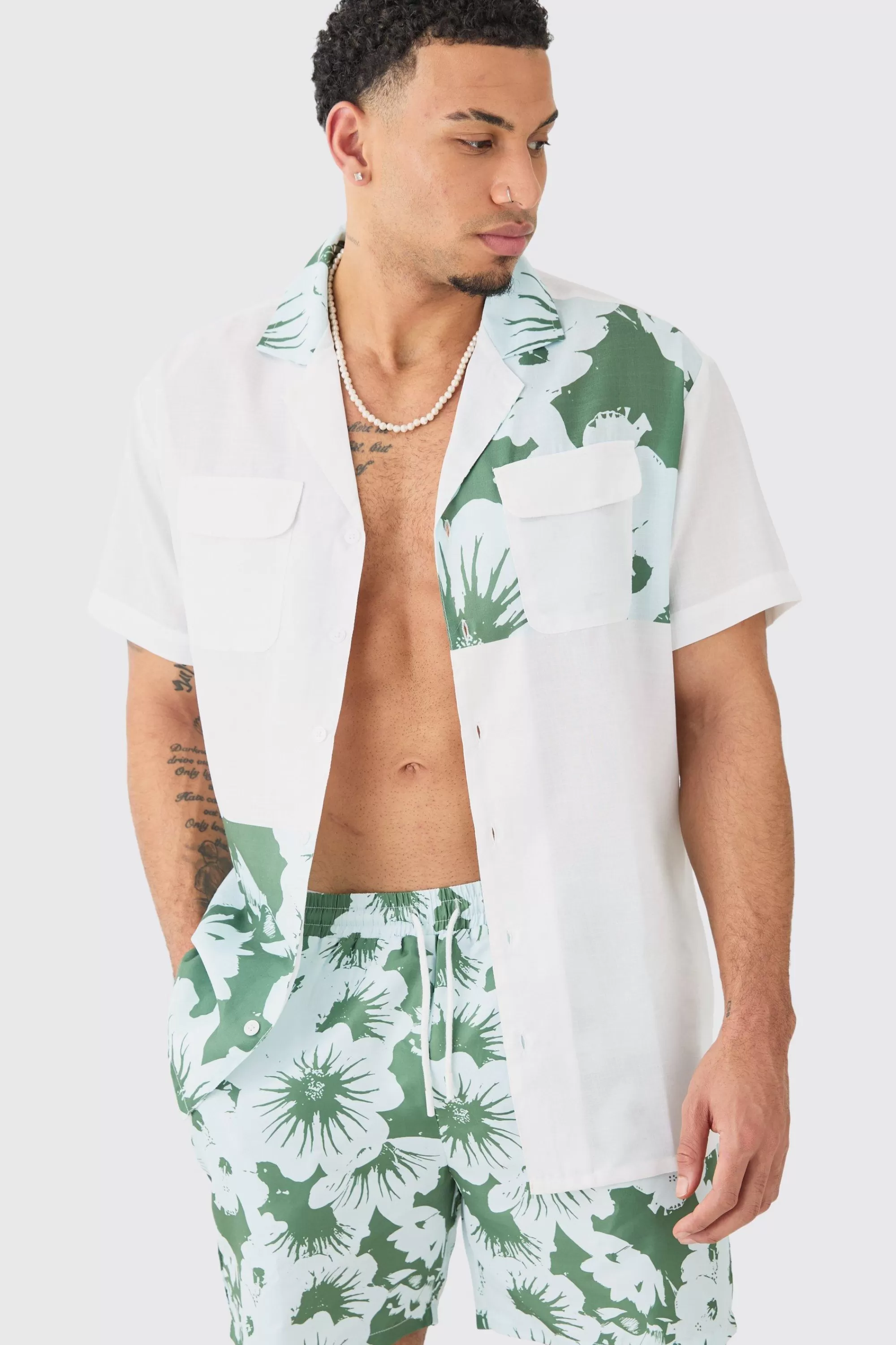 boohooMAN Oversized Printed Shirt And Swim Short Set | UK