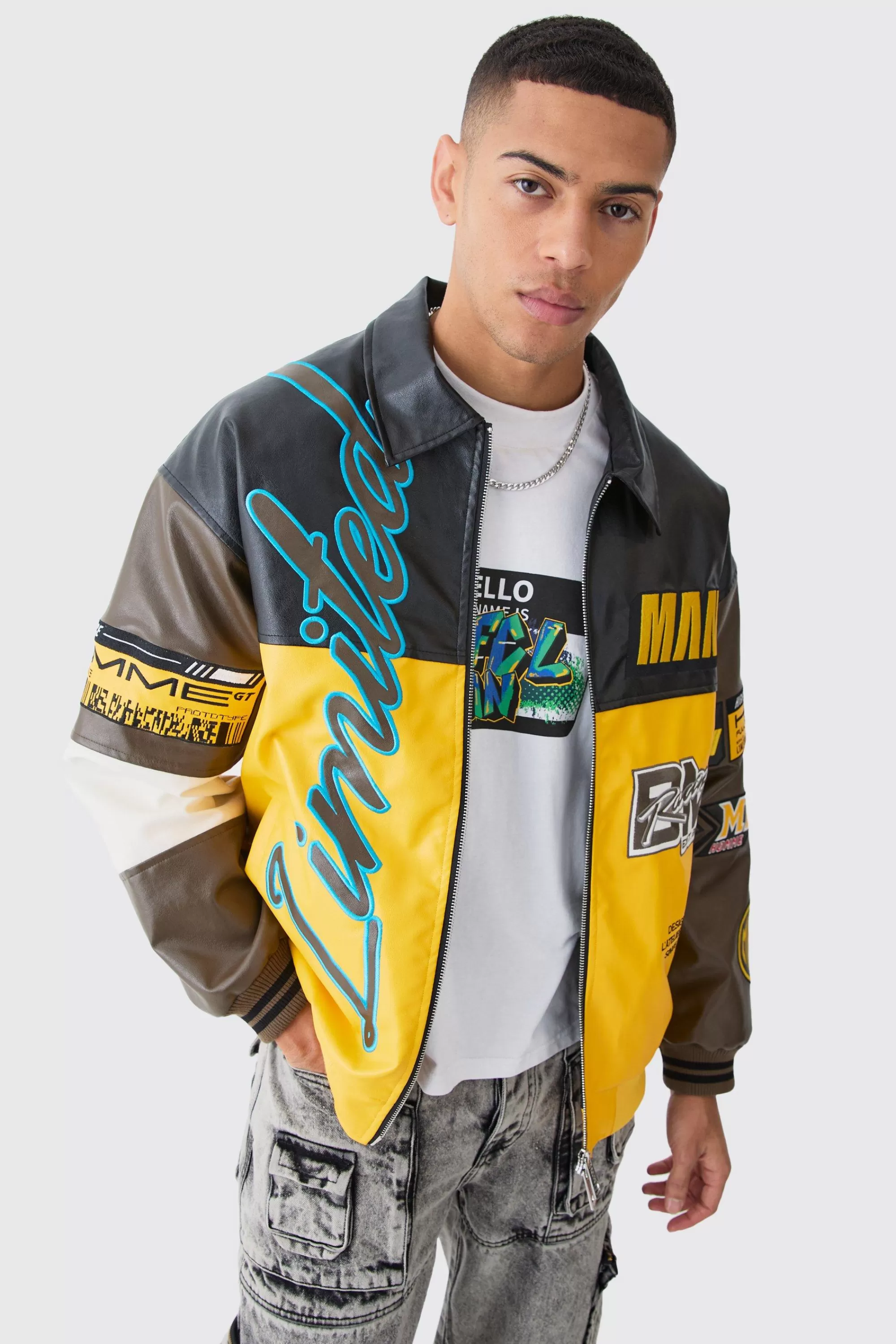 boohooMAN Oversized PU Badge Moto Jacket | UK