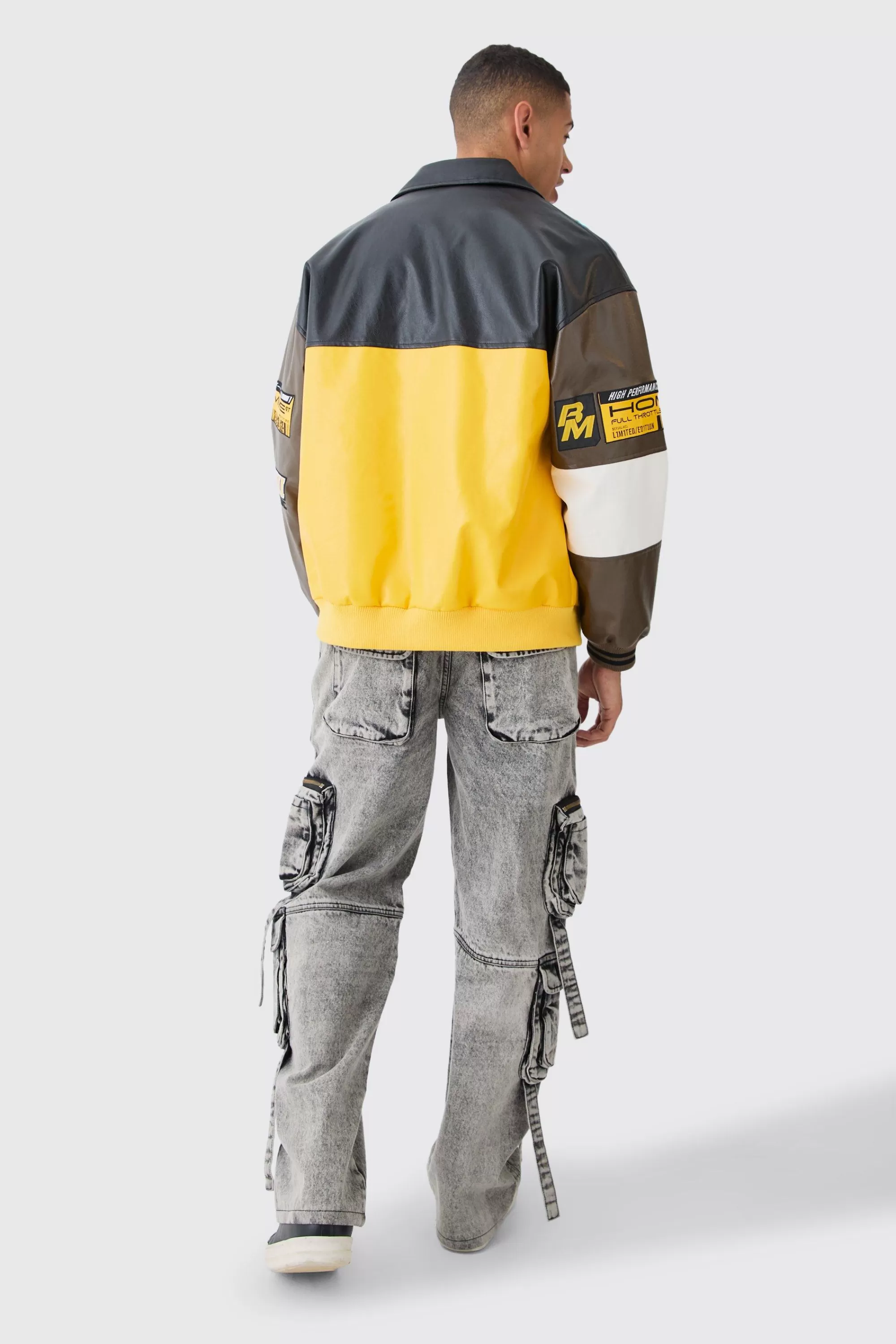boohooMAN Oversized PU Badge Moto Jacket | UK