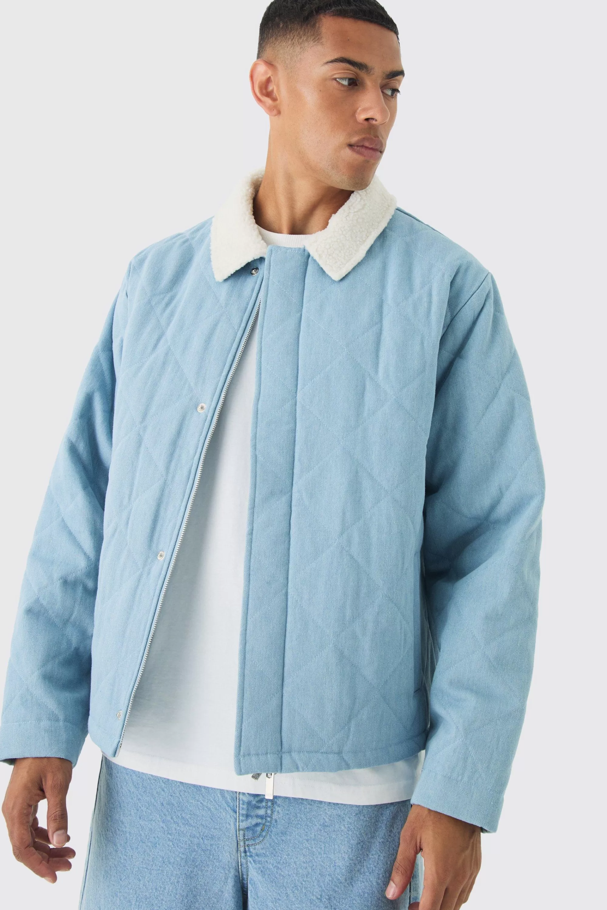 boohooMAN Oversized Quilted Denim Jacket With Borg Collar | UK