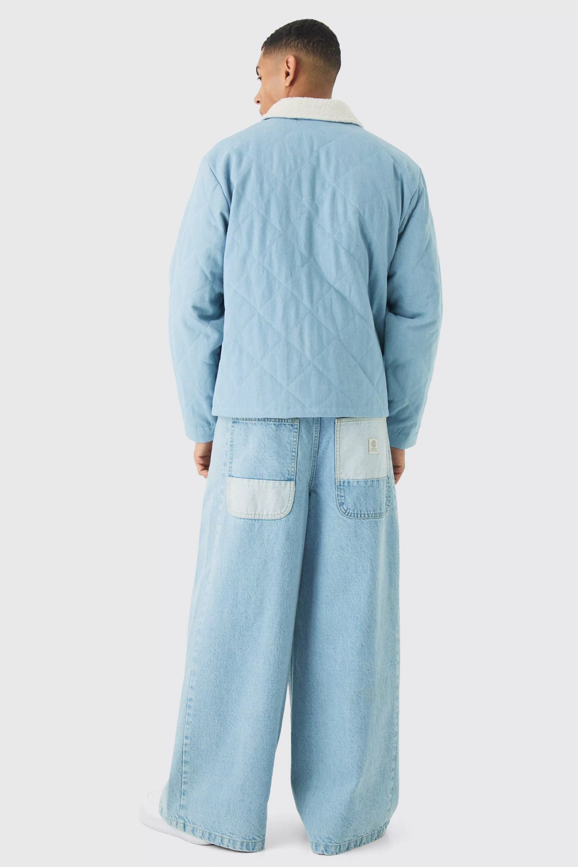 boohooMAN Oversized Quilted Denim Jacket With Borg Collar | UK