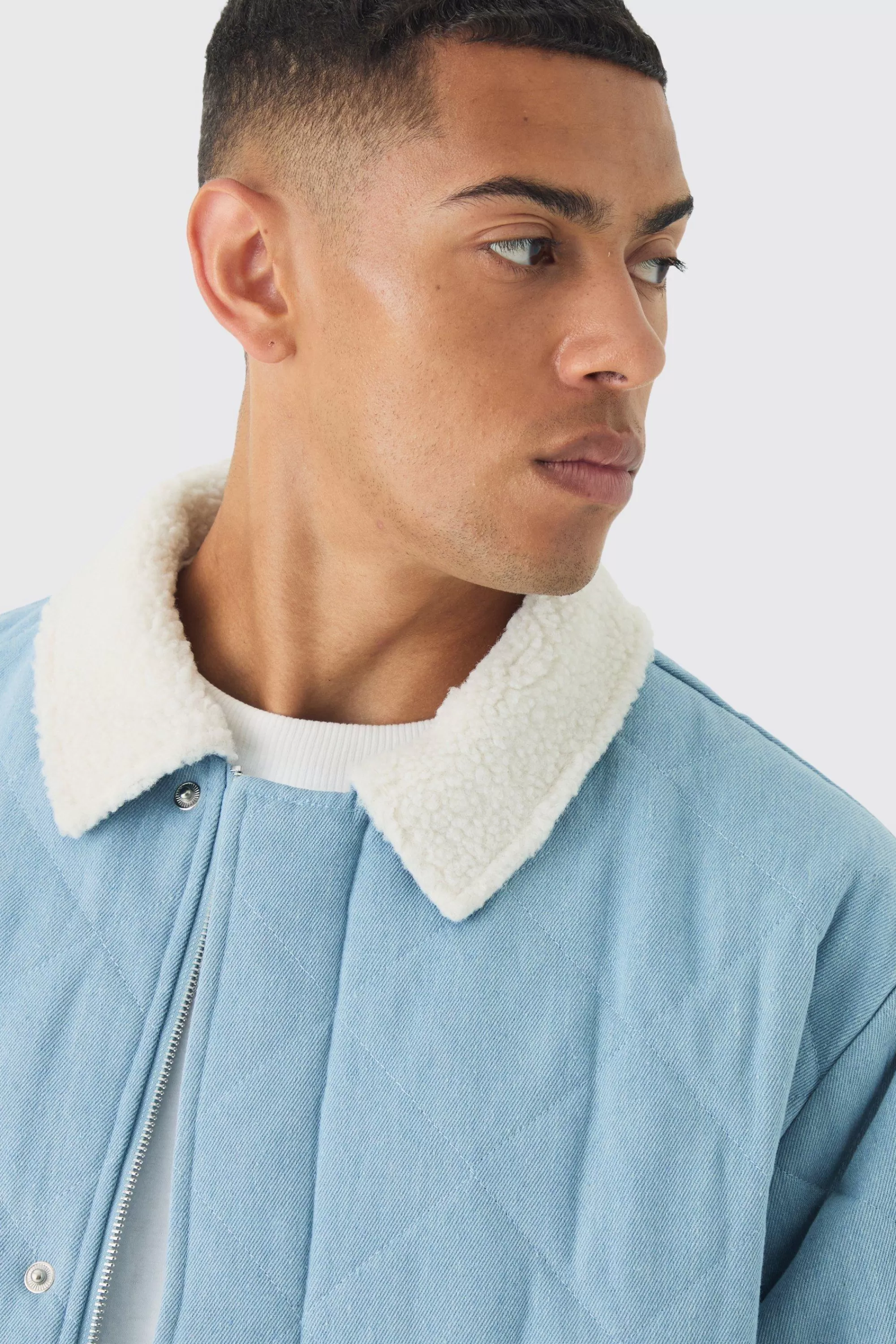 boohooMAN Oversized Quilted Denim Jacket With Borg Collar | UK