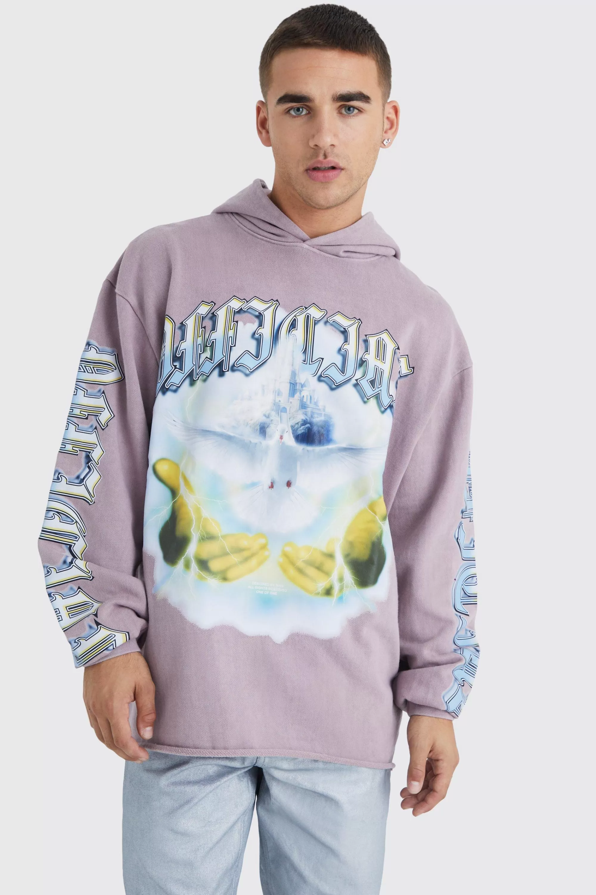 boohooMAN Oversized Raw Hem Washed Loopback Graphic Hoodie | UK