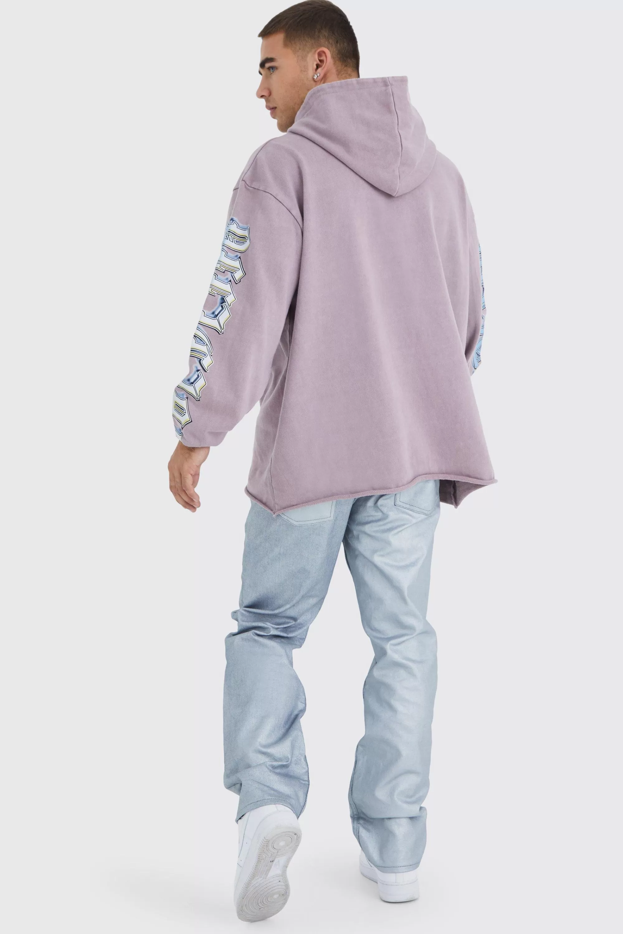 boohooMAN Oversized Raw Hem Washed Loopback Graphic Hoodie | UK