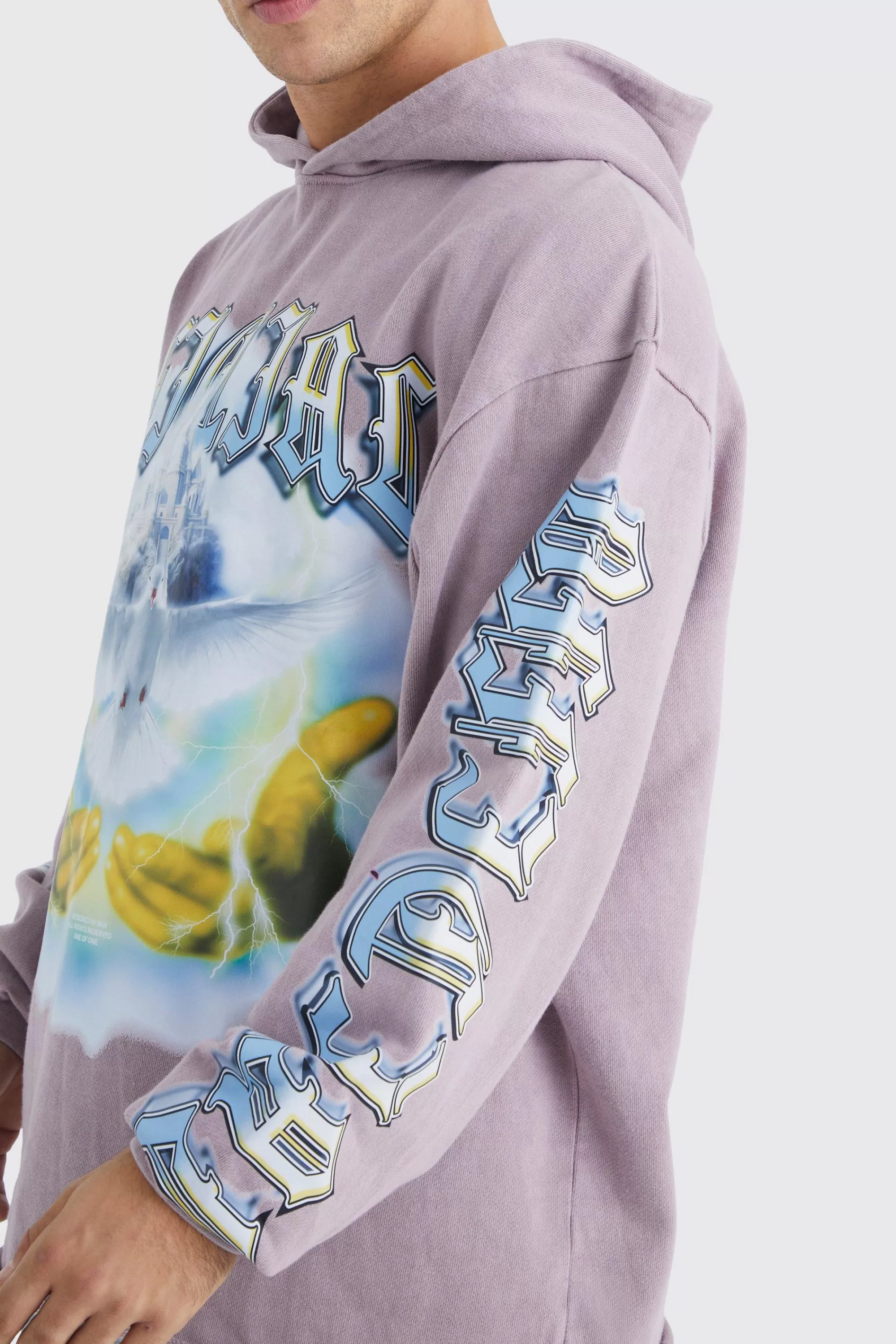 boohooMAN Oversized Raw Hem Washed Loopback Graphic Hoodie | UK
