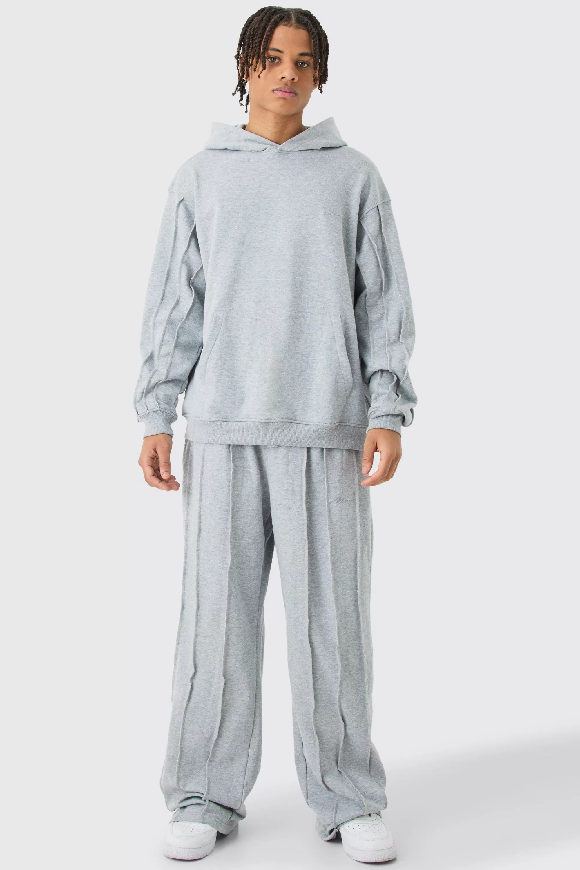 boohooMAN Oversized Raw Seam Man Sig Embroidered Hooded Tracksuit | UK