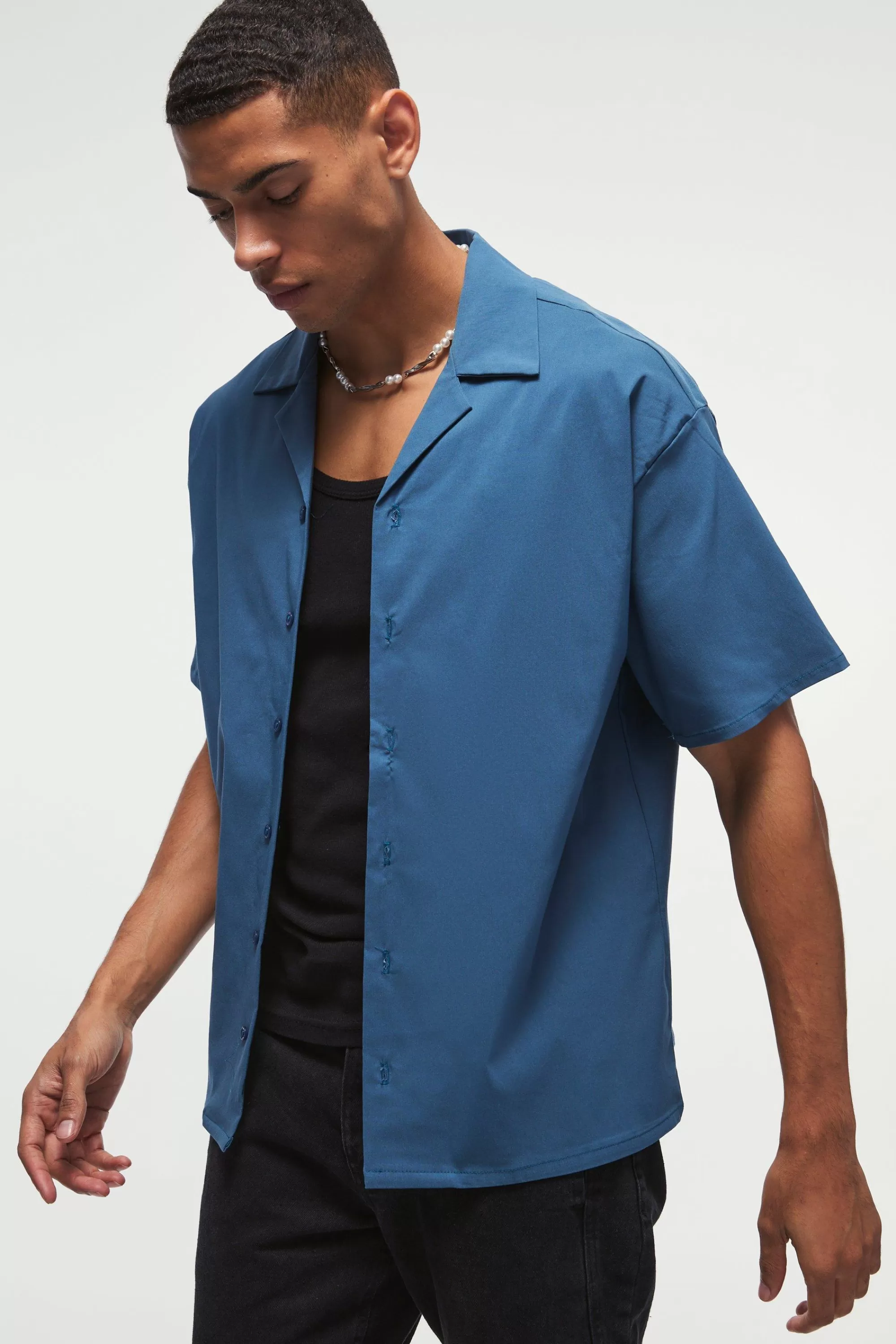 boohooMAN Oversized Revere Bengaline Shirt | UK