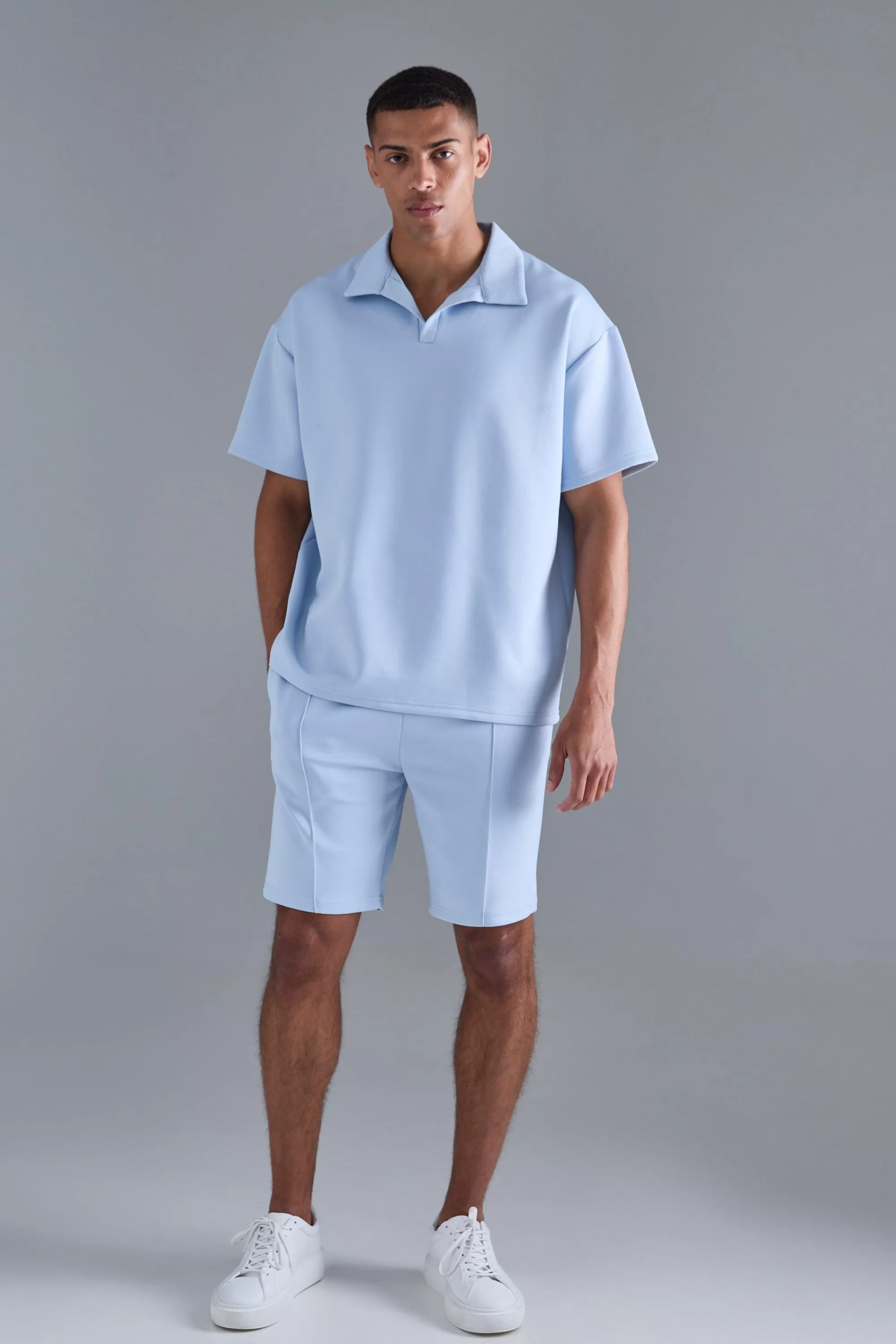 boohooMAN Oversized Revere Scuba Polo & Short Set | UK