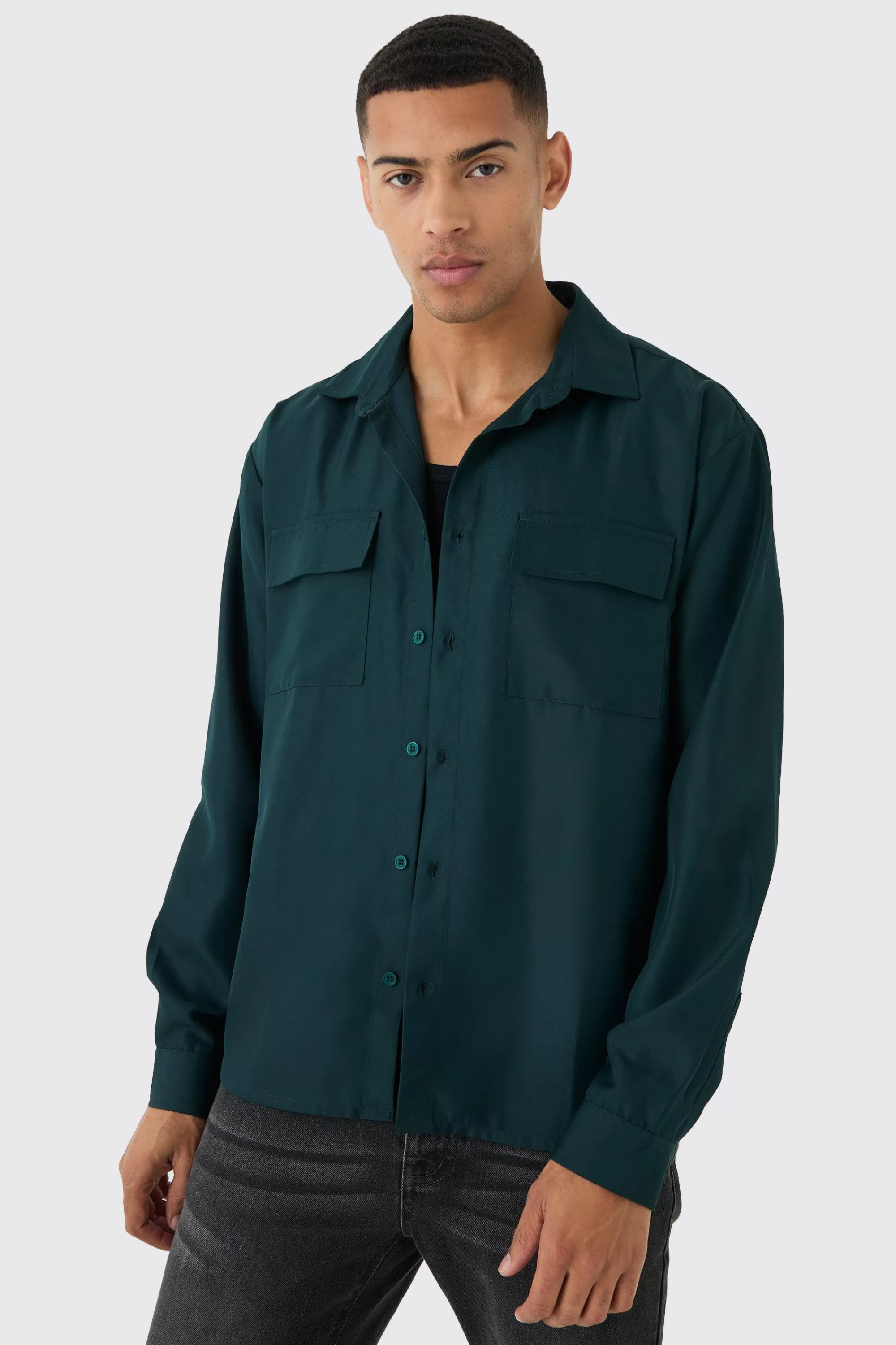 boohooMAN Oversized Revere Soft Twill Cargo Pocket Long Sleeve Shirt | UK