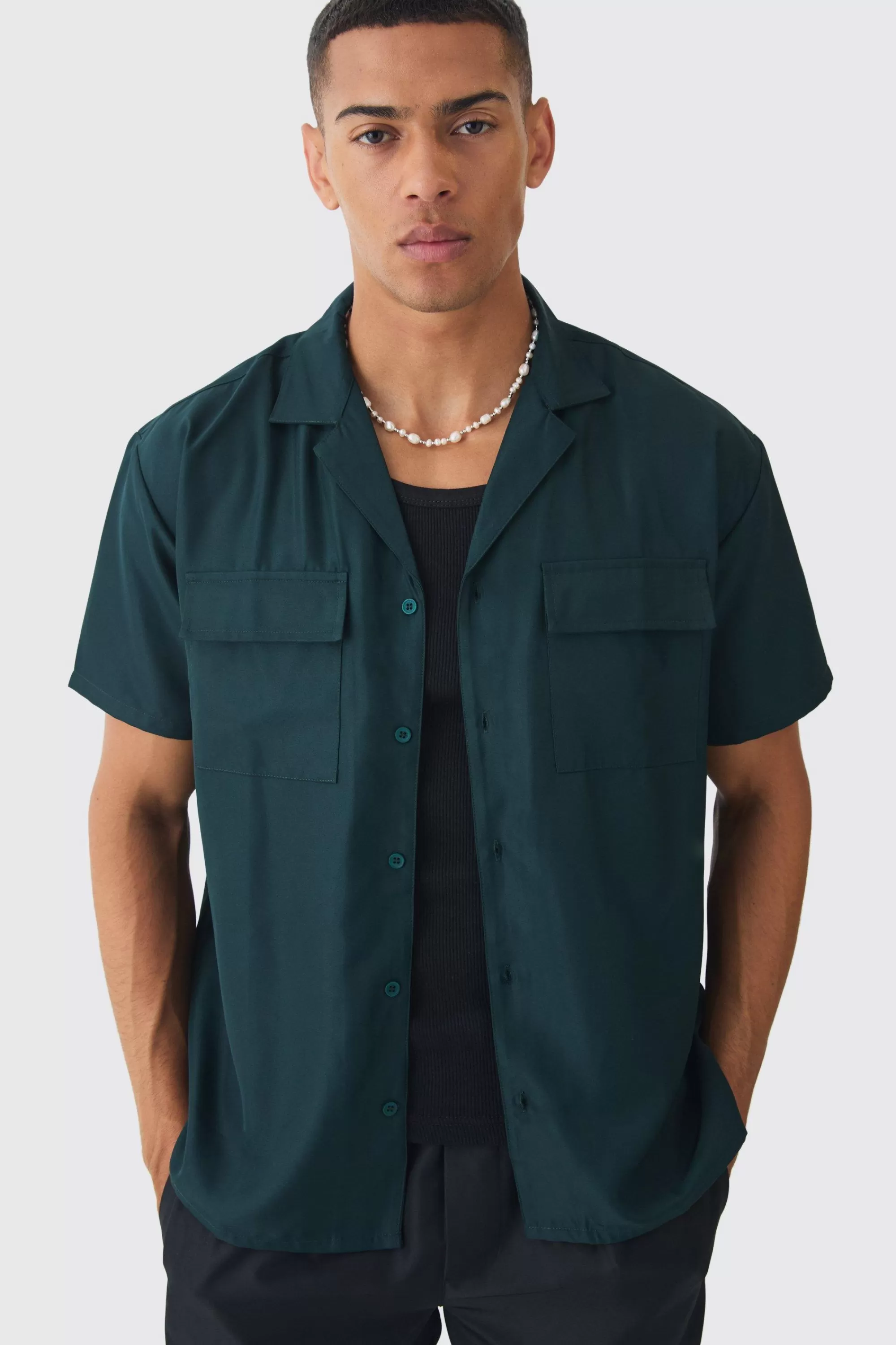boohooMAN Oversized Revere Soft Twill Cargo Pocket Shirt | UK
