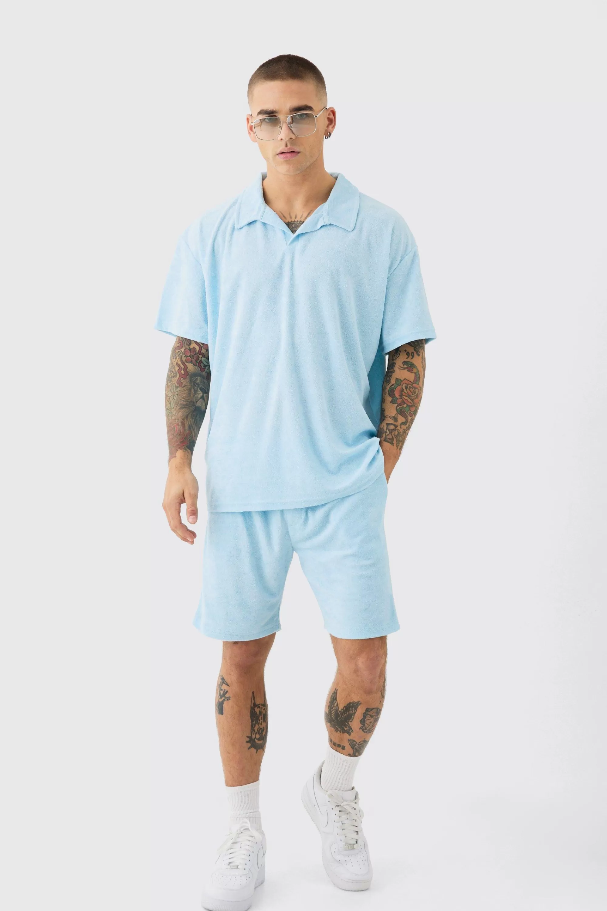 boohooMAN Oversized Revere Towelling Polo & Shorts Set | UK
