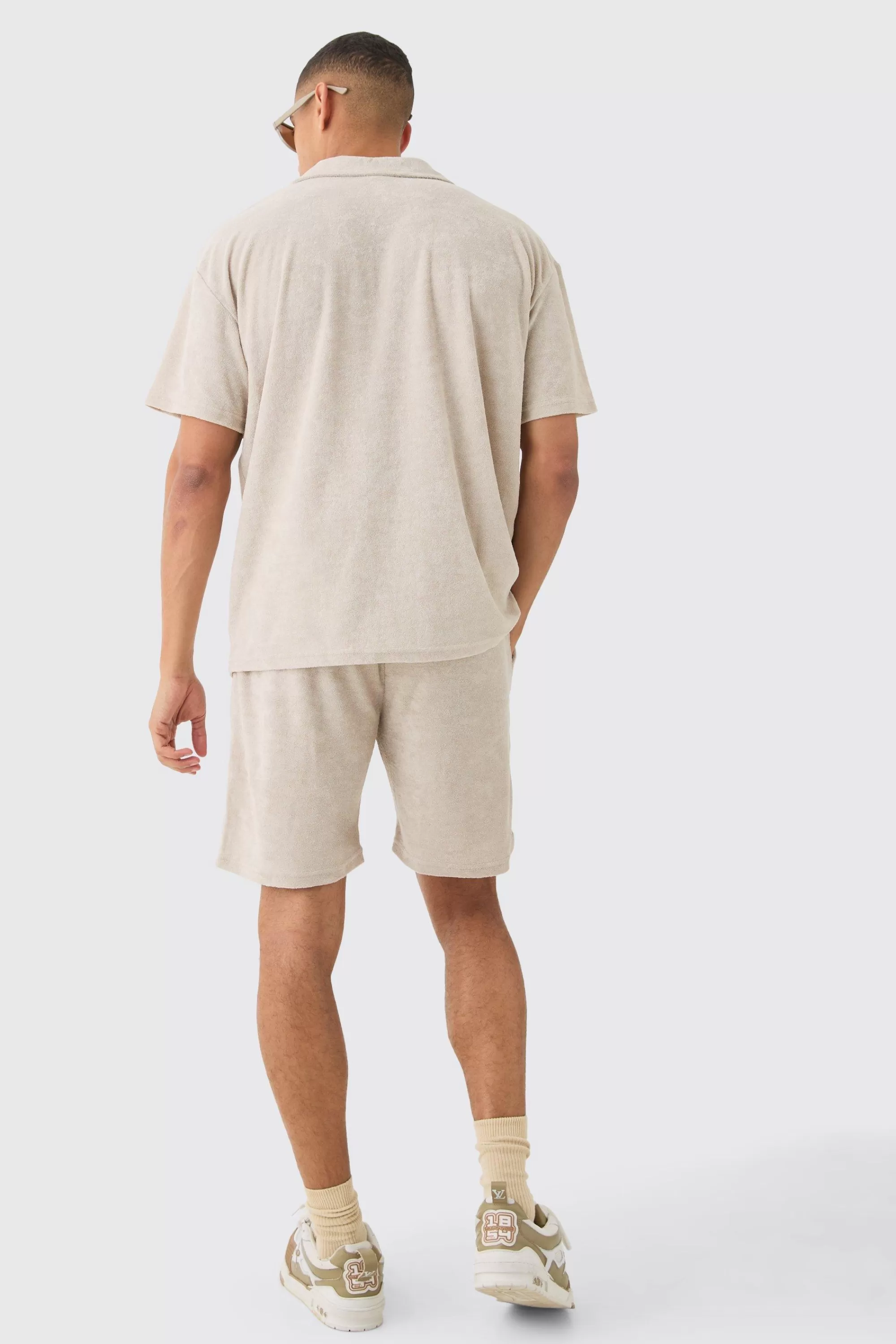 boohooMAN Oversized Revere Towelling Polo & Shorts Set | UK
