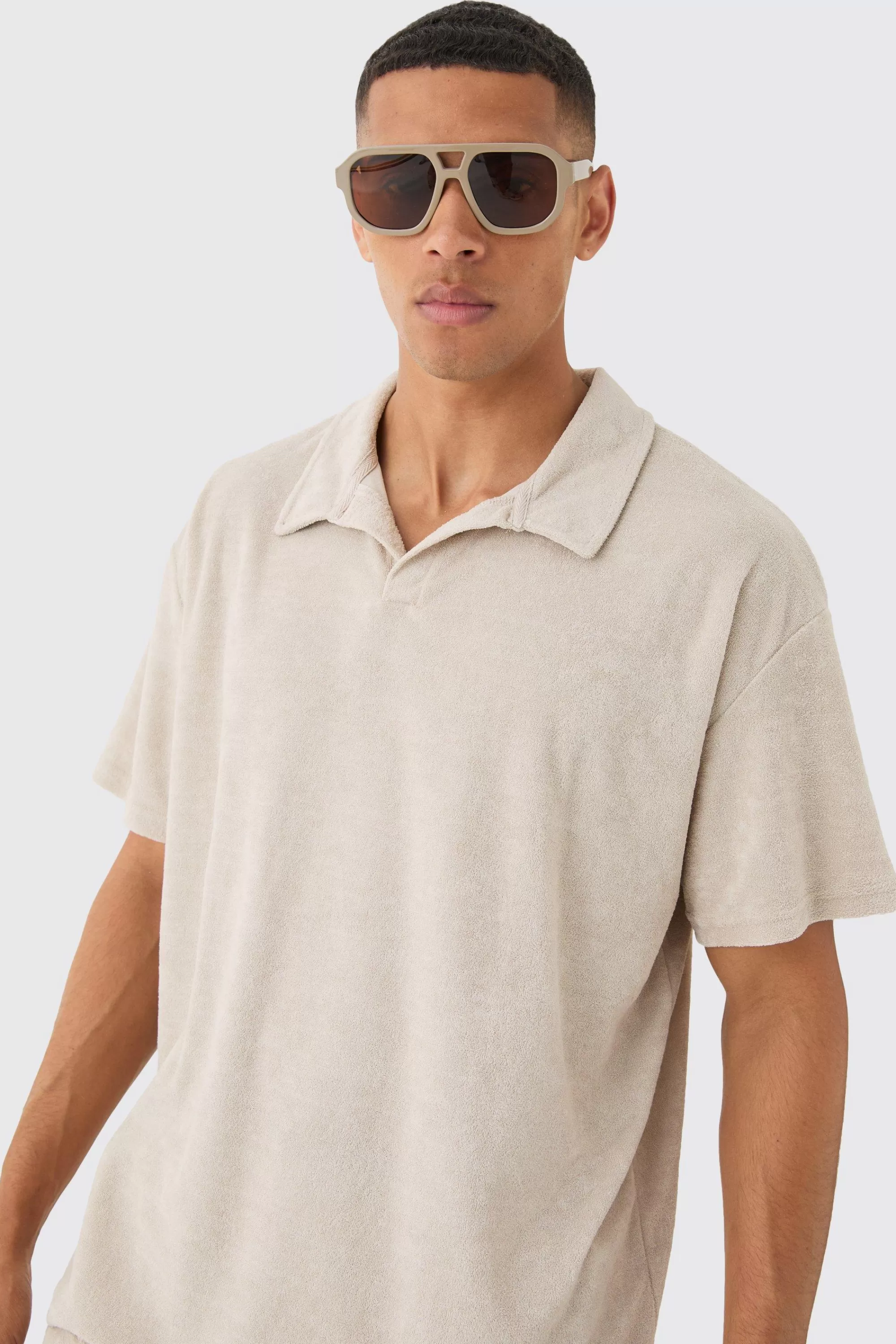 boohooMAN Oversized Revere Towelling Polo & Shorts Set | UK